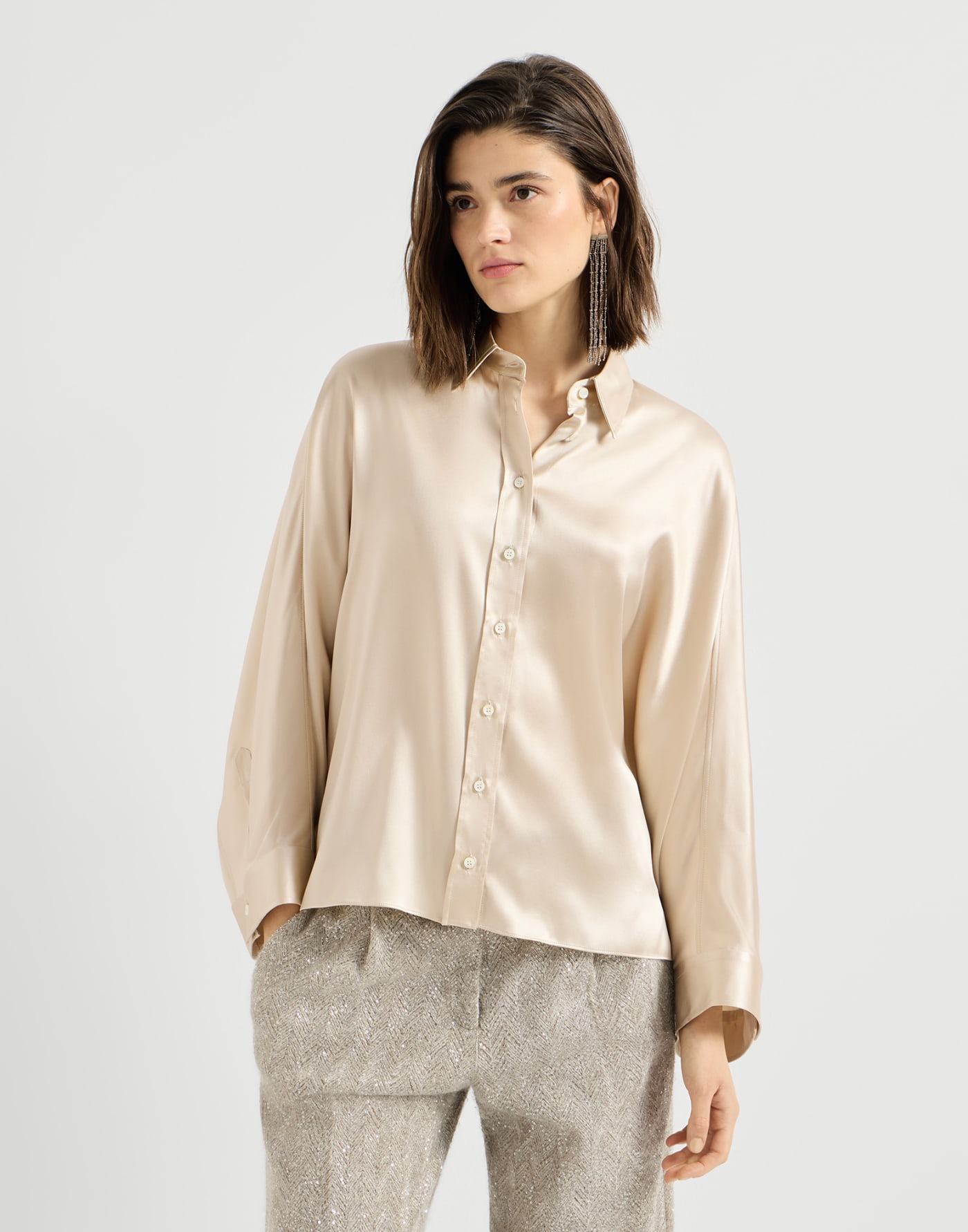 Stretch silk satin shirt Sand Woman - Brunello Cucinelli