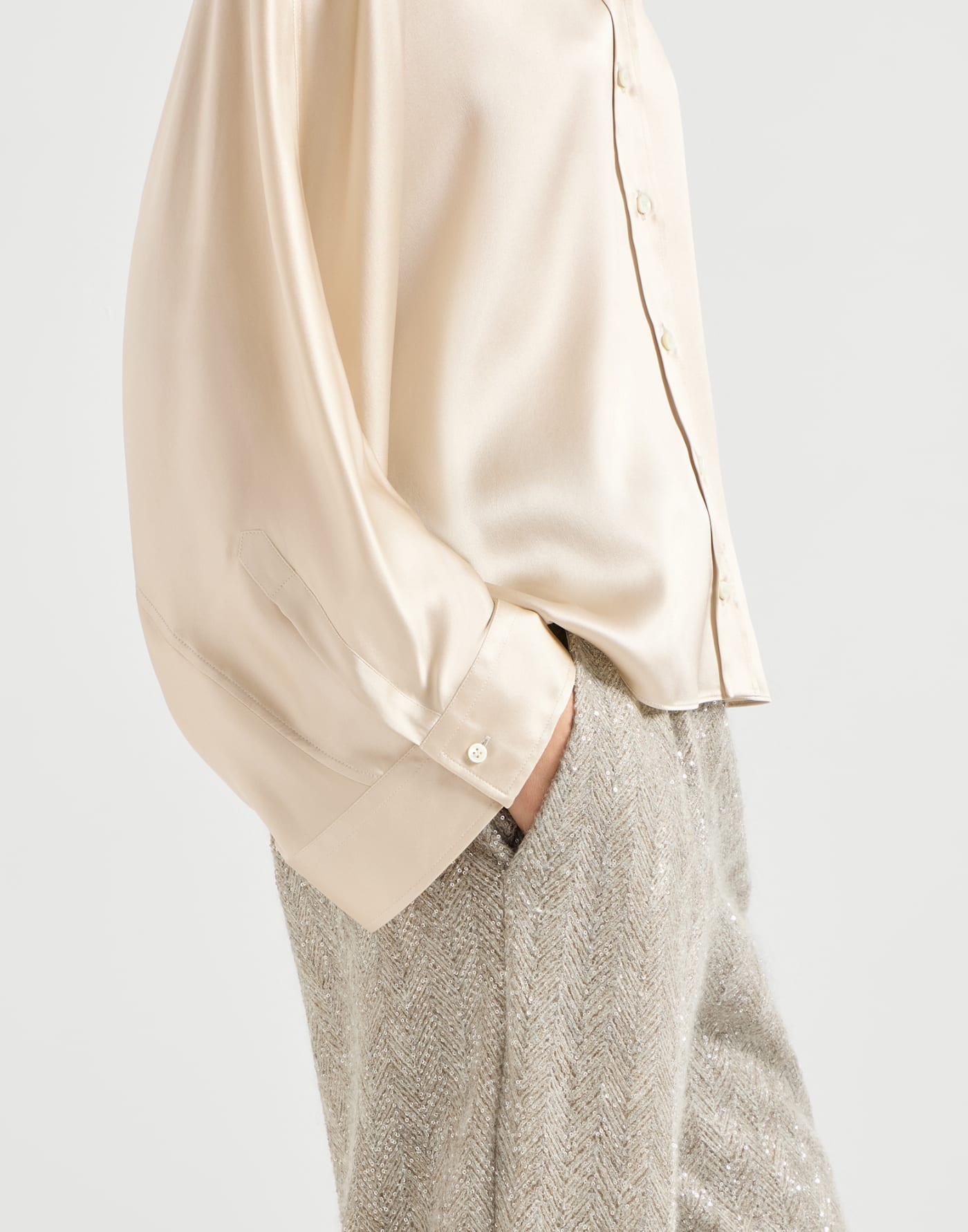 Stretch silk satin shirt Sand Woman - Brunello Cucinelli