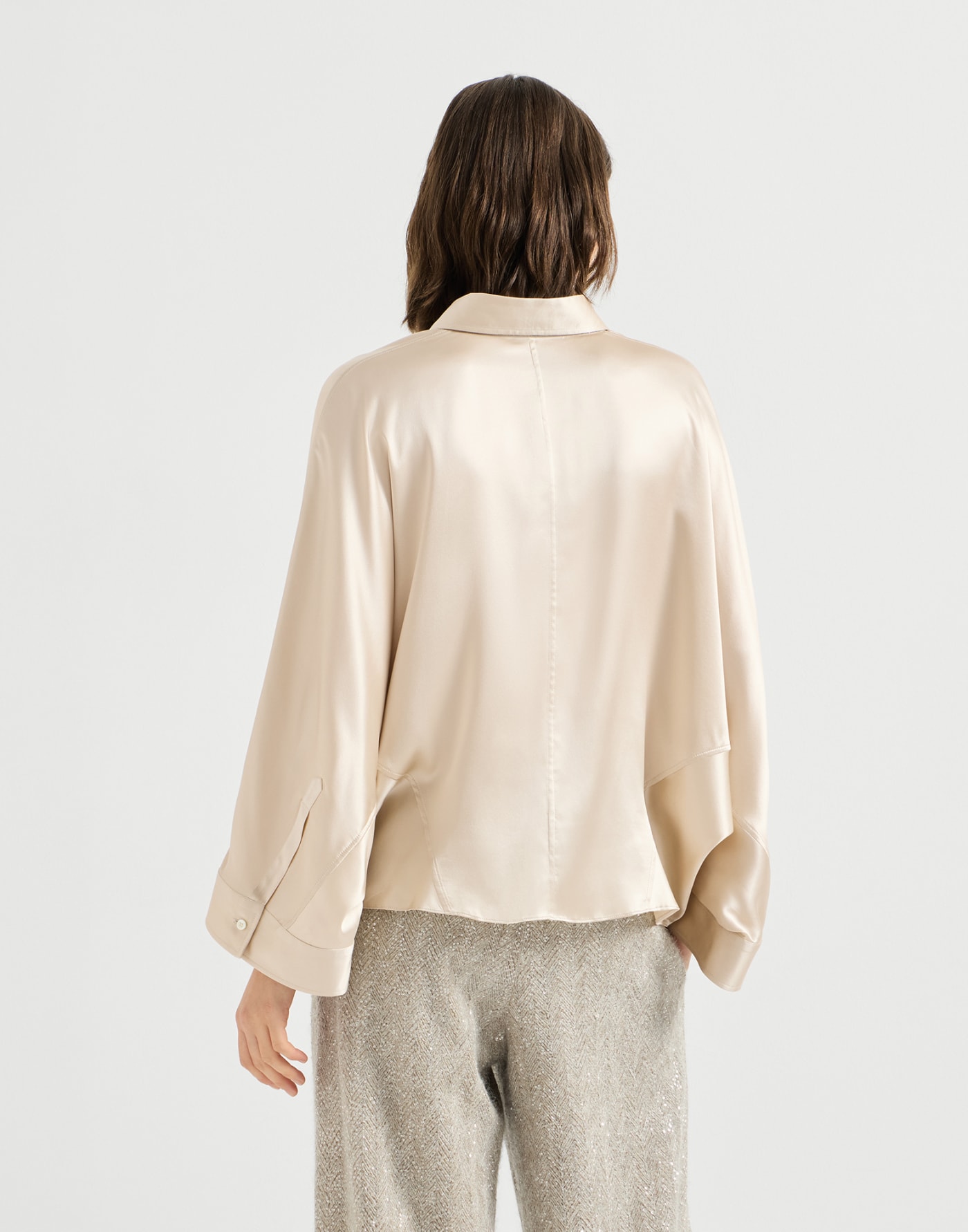 Stretch silk satin shirt Sand Woman - Brunello Cucinelli