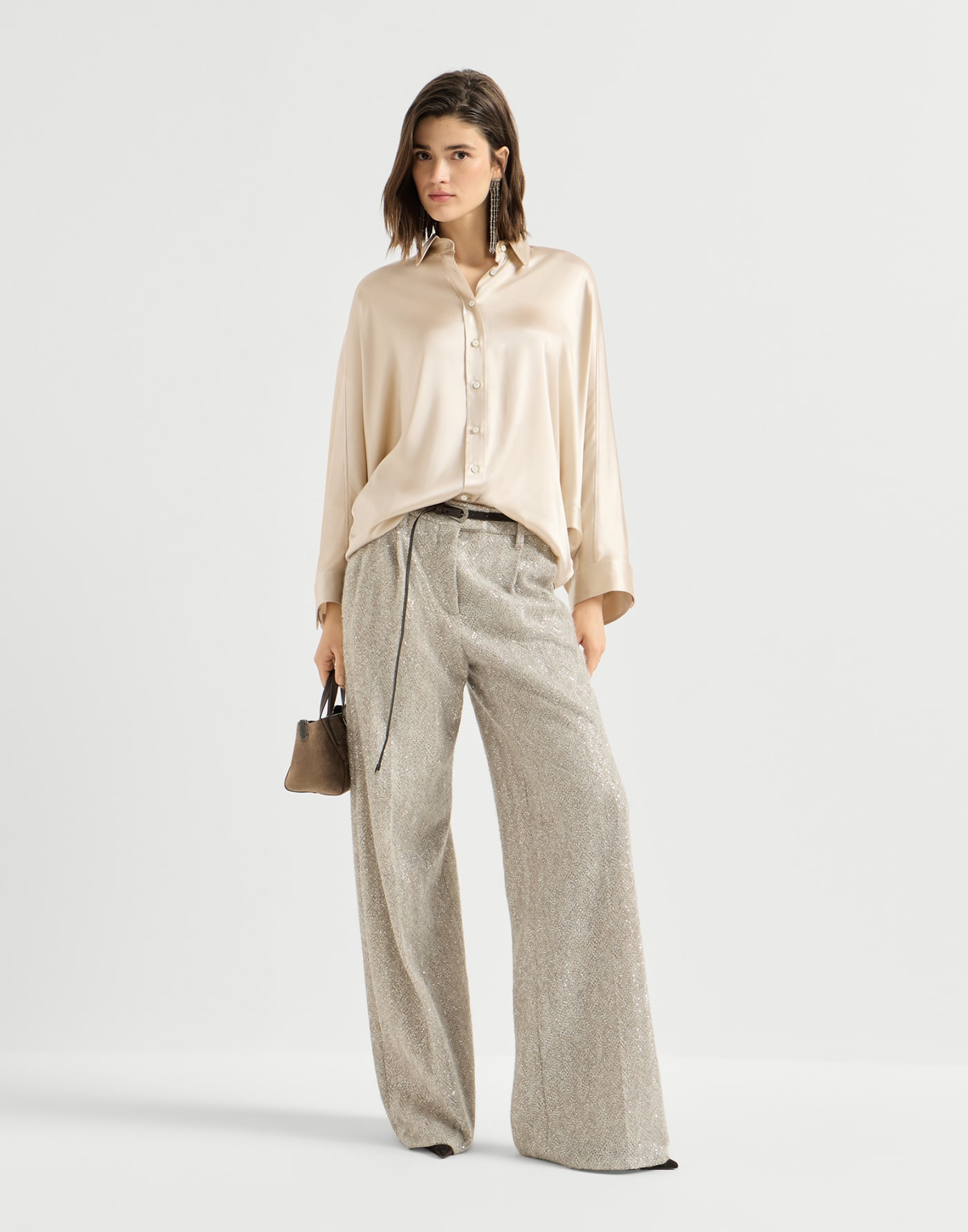 Stretch silk satin shirt Sand Woman - Brunello Cucinelli