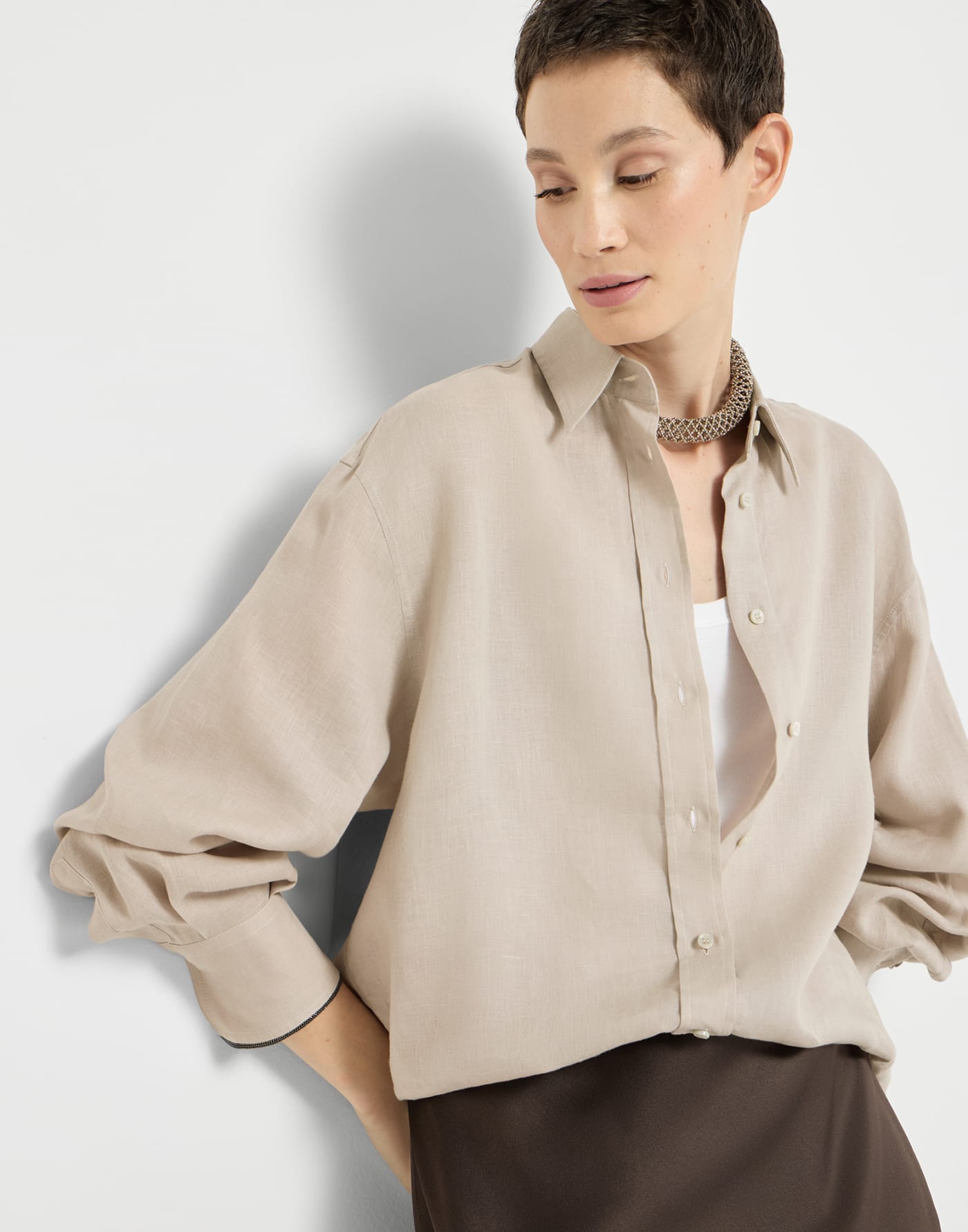 Linen shirt with monili Beige Woman - Brunello Cucinelli