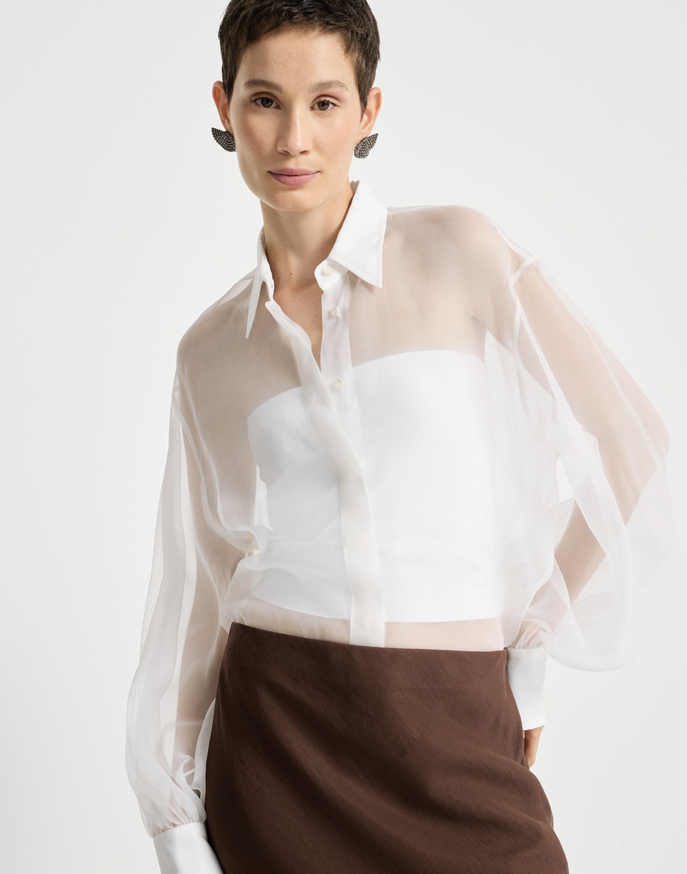 Crispy silk shirt with monili White Woman - Brunello Cucinelli