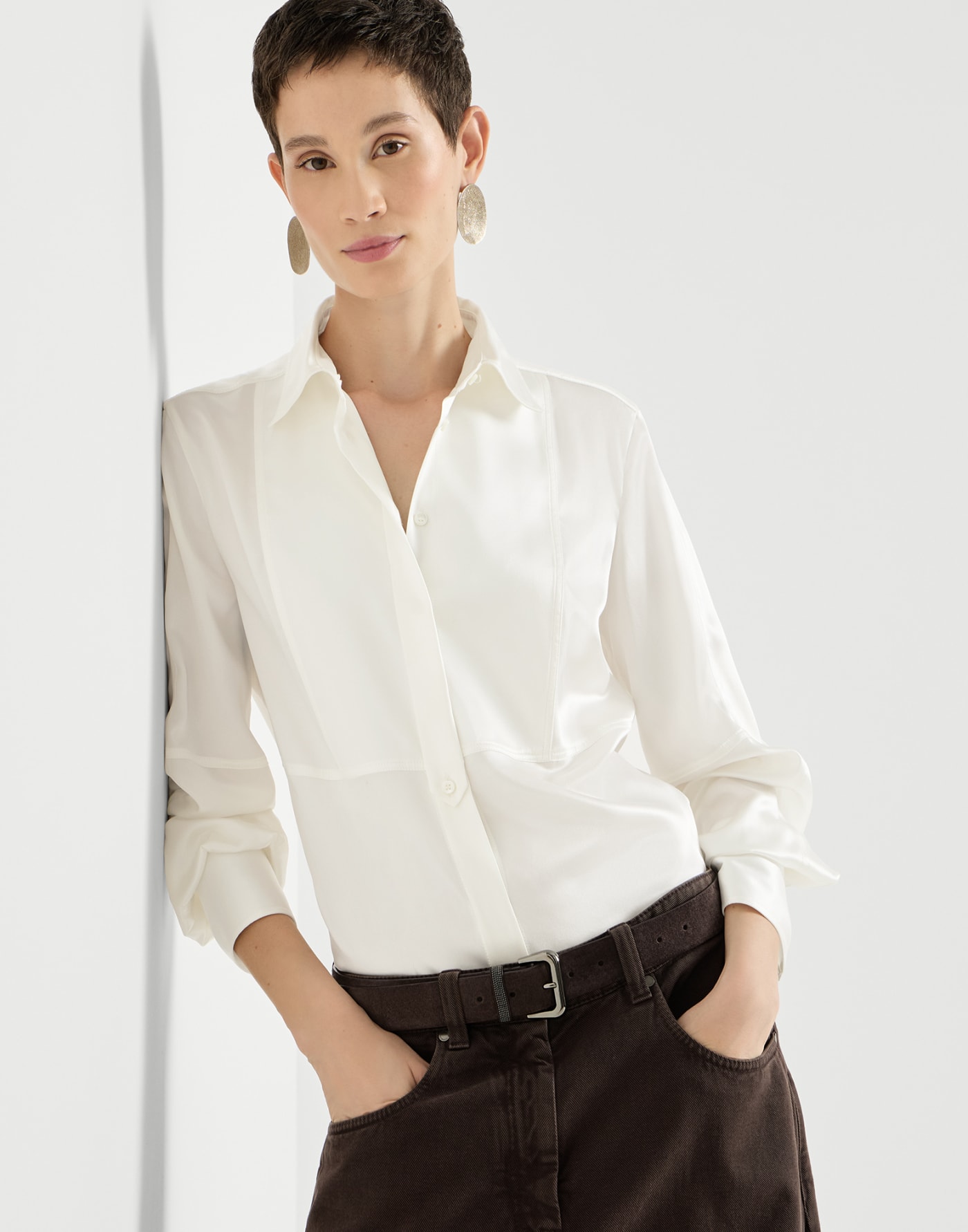Stretch silk satin shirt White Woman - Brunello Cucinelli