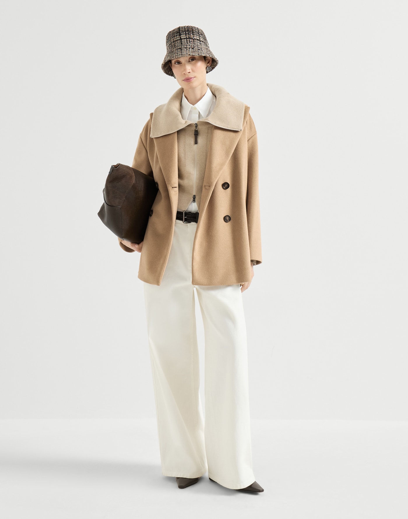 Vicuña beaver cloth pea coat with monili Beige Woman - Brunello Cucinelli