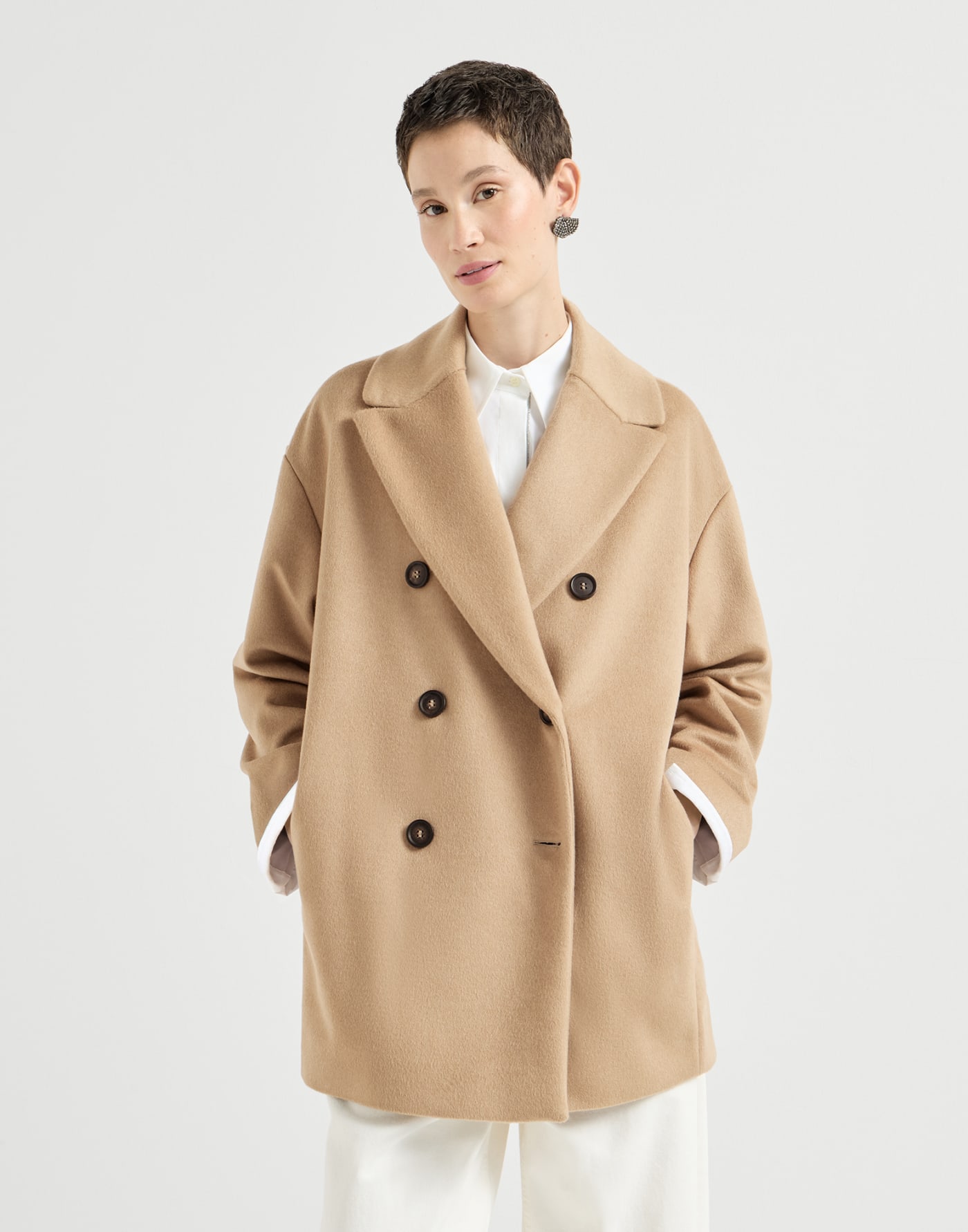 Vicuña beaver cloth pea coat with monili Beige Woman - Brunello Cucinelli