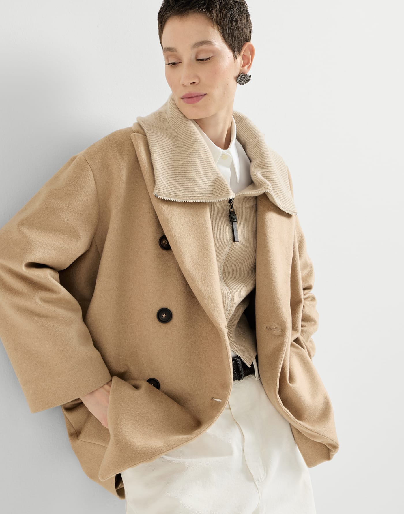 Vicuña beaver cloth pea coat with monili Beige Woman - Brunello Cucinelli