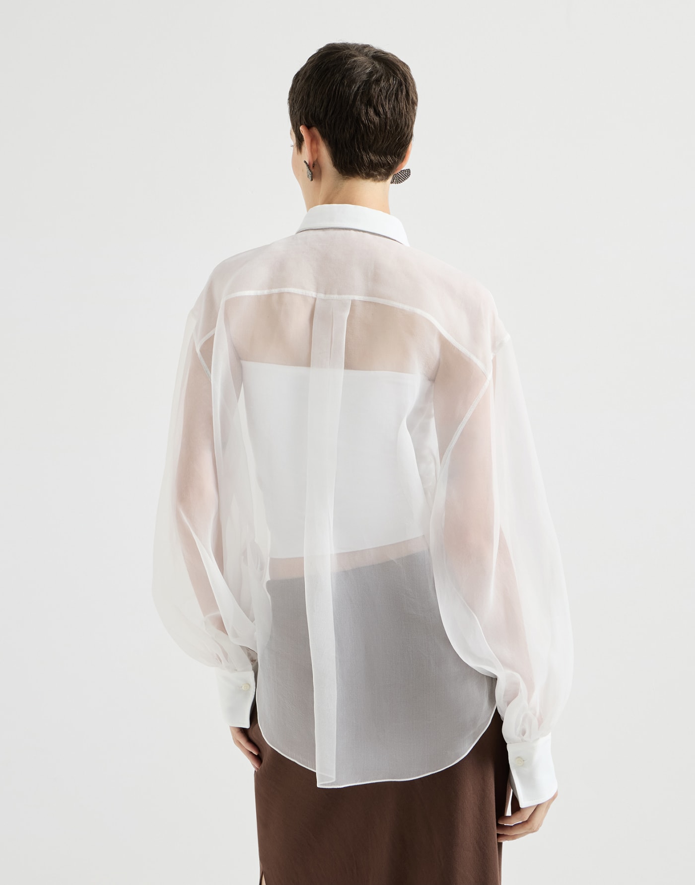 Crispy silk shirt with monili White Woman - Brunello Cucinelli