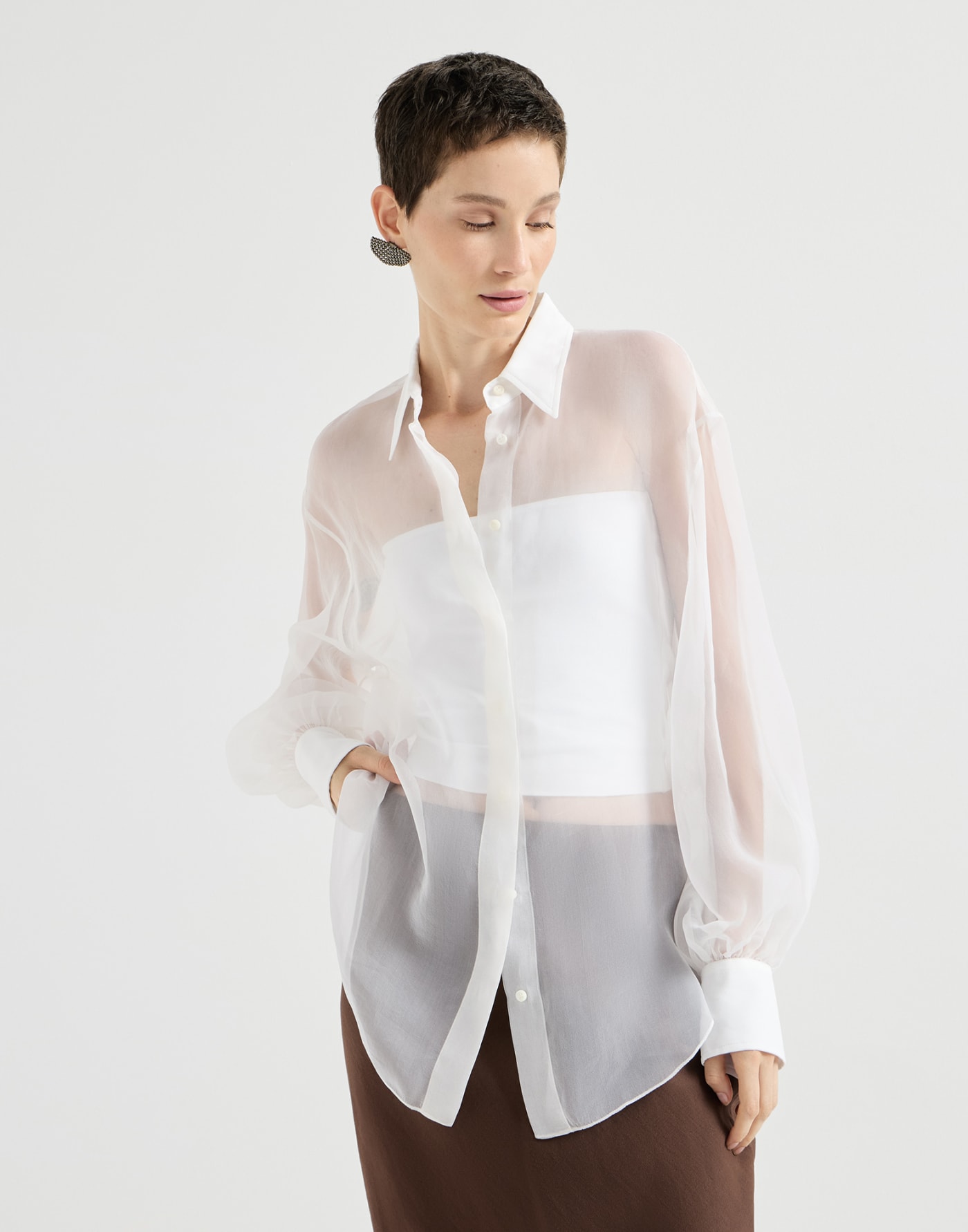 Crispy silk shirt with monili White Woman - Brunello Cucinelli
