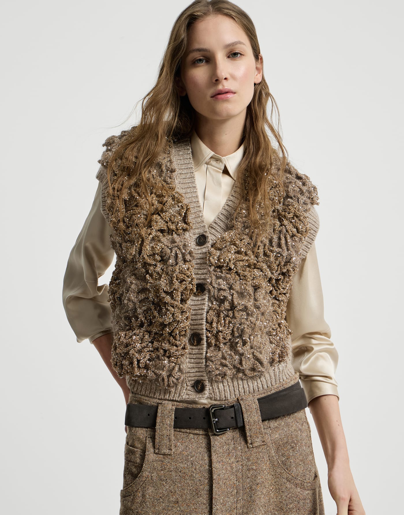 Dazzling blossom OPERA vest Light Brown Woman - Brunello Cucinelli