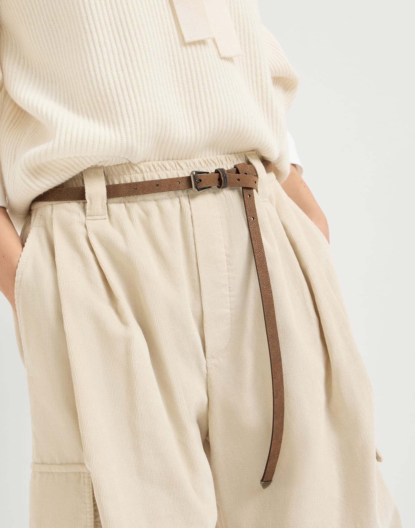 Sparkling textured leather belt Hazelnut Woman - Brunello Cucinelli