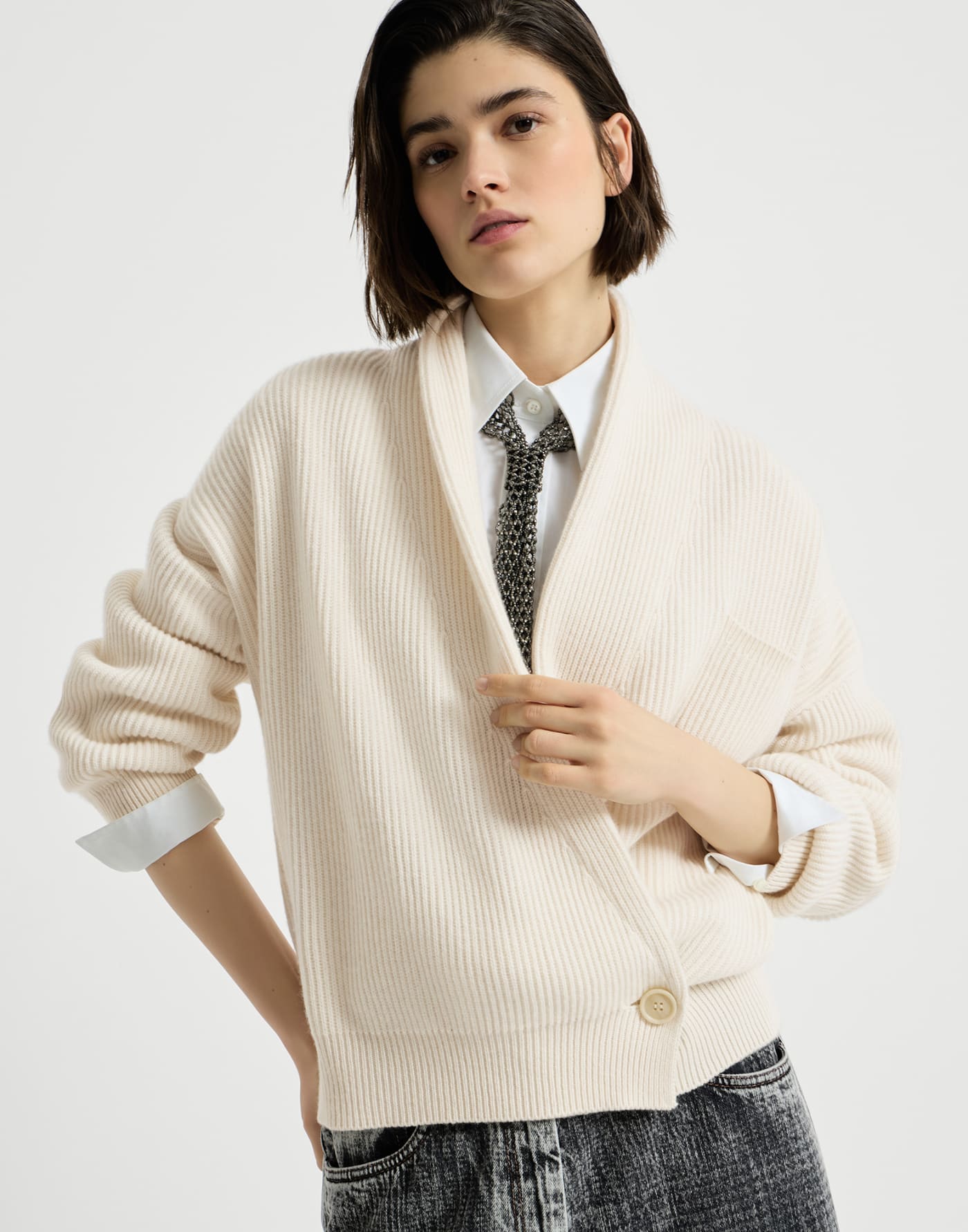 English rib cashmere cardigan Butter Woman - Brunello Cucinelli