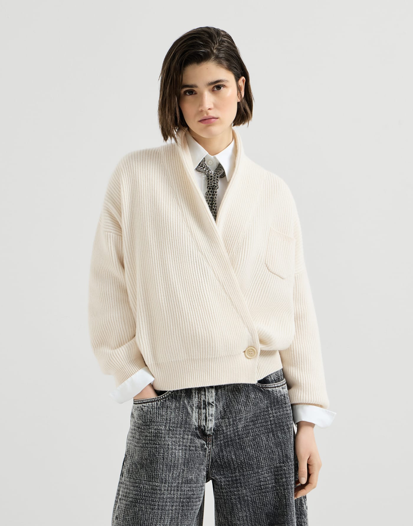 English rib cashmere cardigan Butter Woman - Brunello Cucinelli