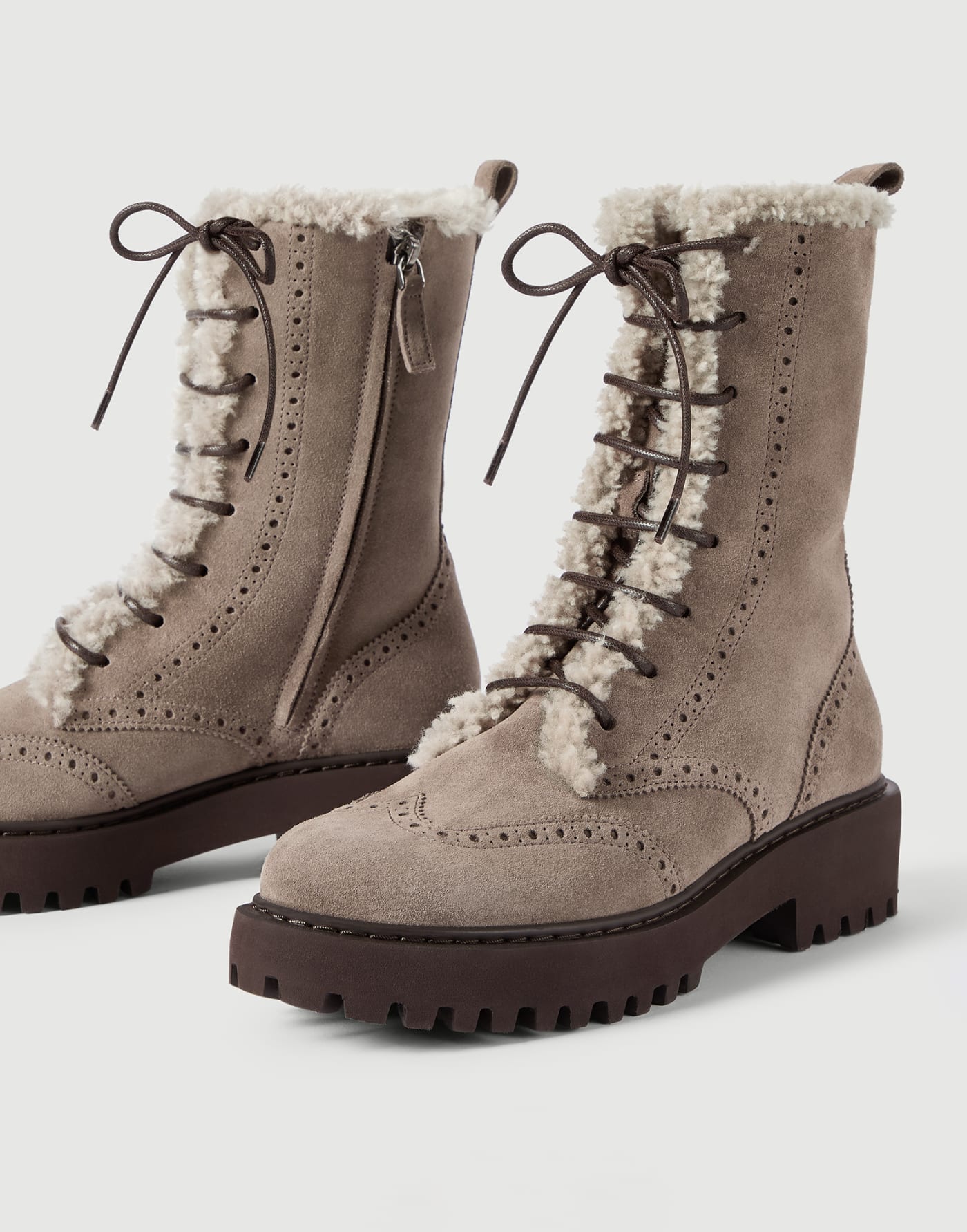 Boots aus Veloursleder und Shearling Hellbraun Damen - Brunello Cucinelli
