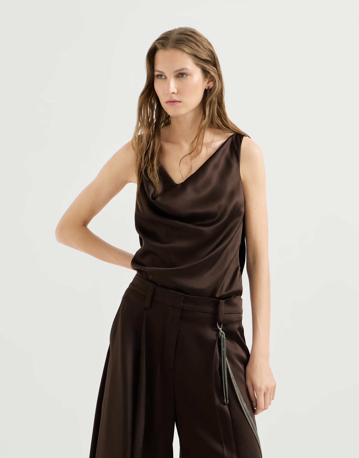Silk satin top Coffee Woman - Brunello Cucinelli