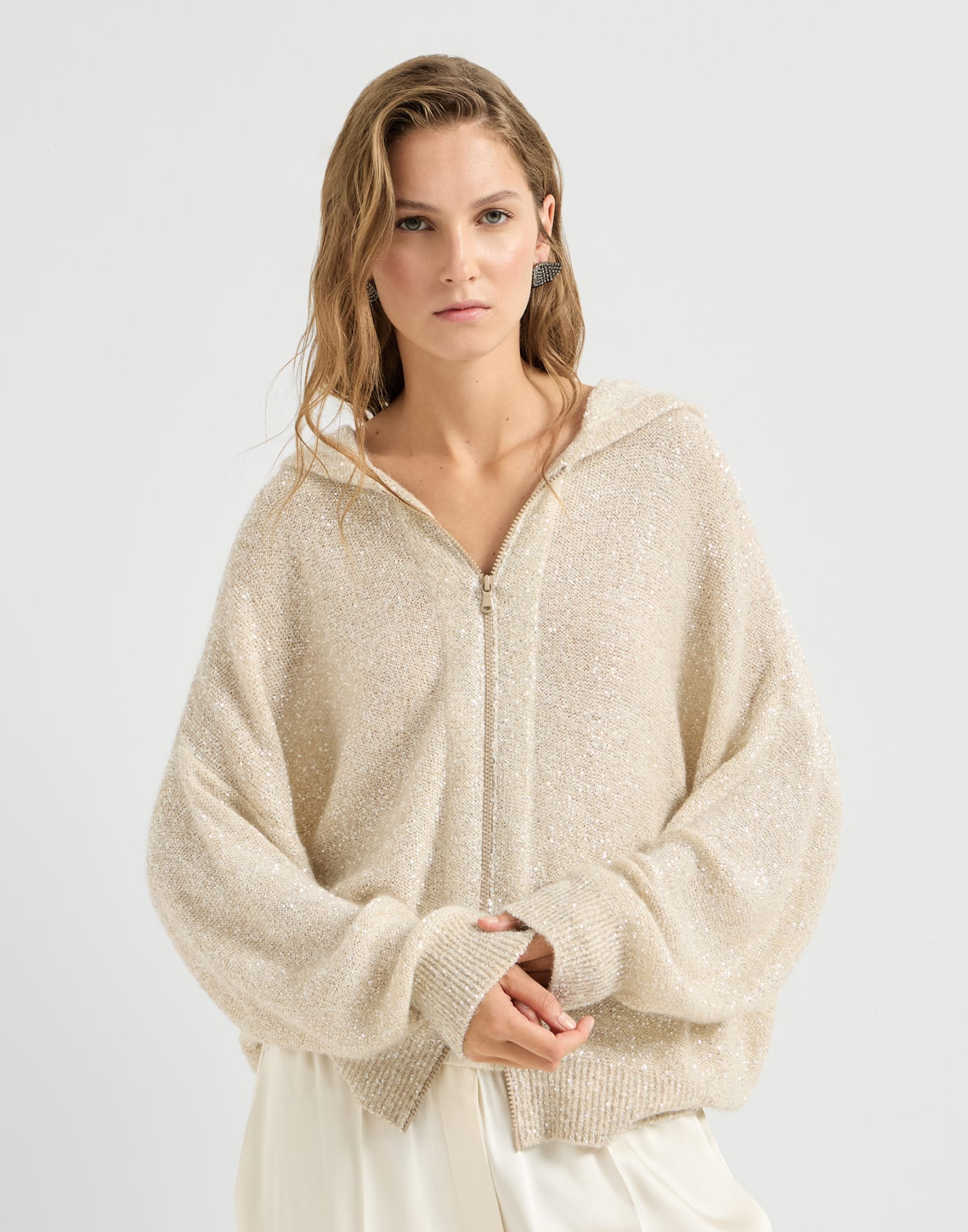 Dazzling Texture-Cardigan in Mohair&Wolle Vanille Damen - Brunello Cucinelli