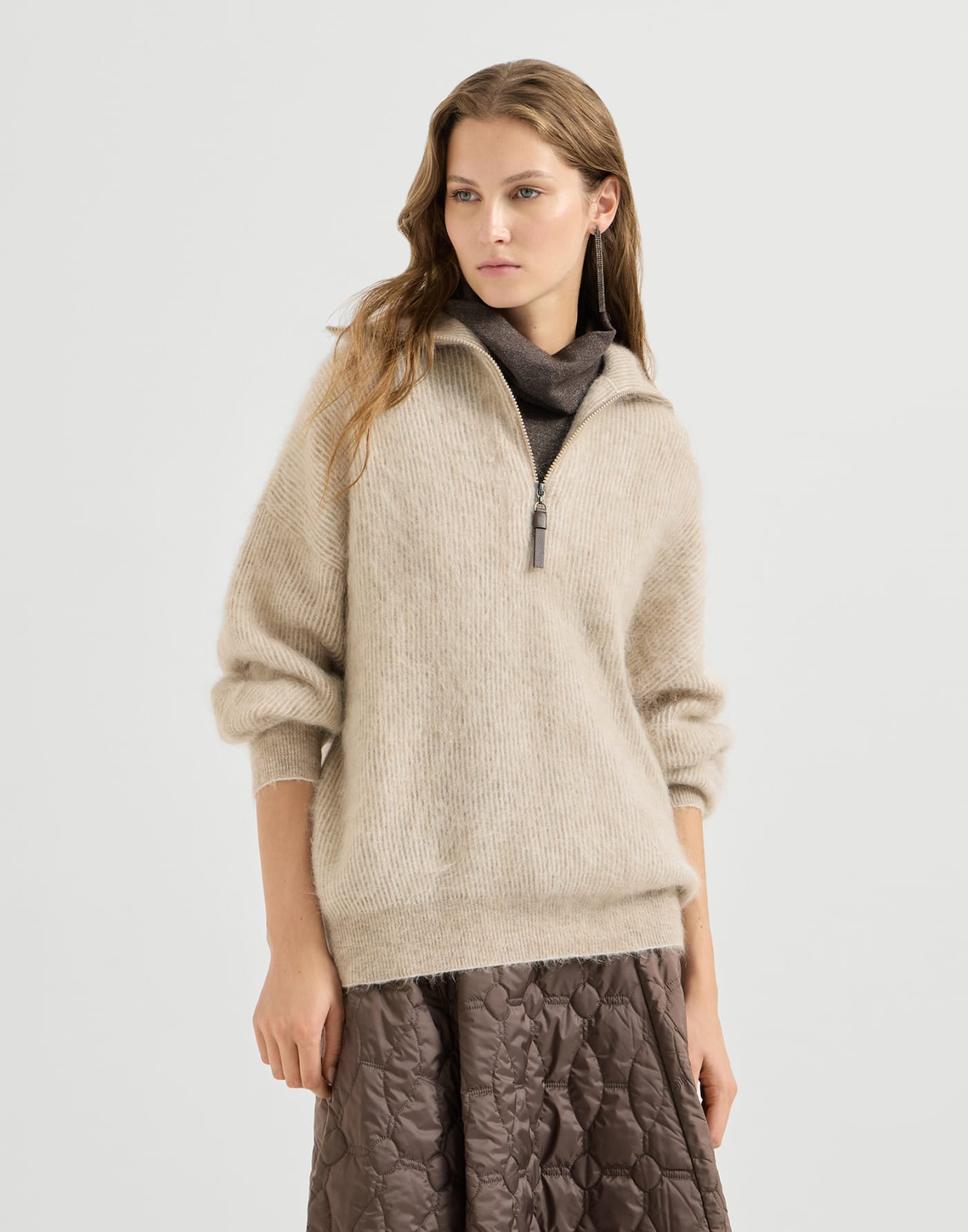 Vanisé high-neck sweater with half-zip Beige Woman - Brunello Cucinelli