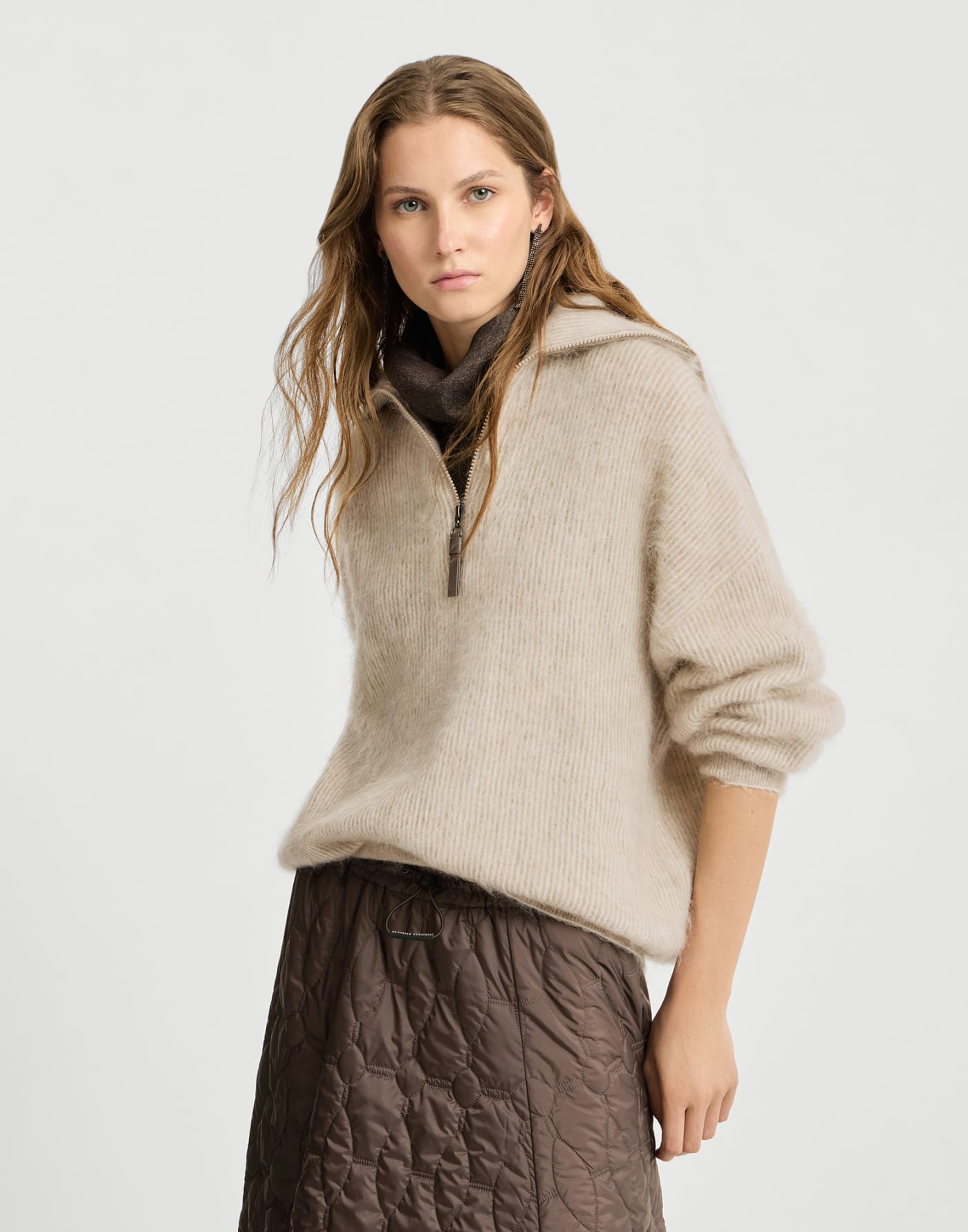 Vanisé high-neck sweater with half-zip Beige Woman - Brunello Cucinelli
