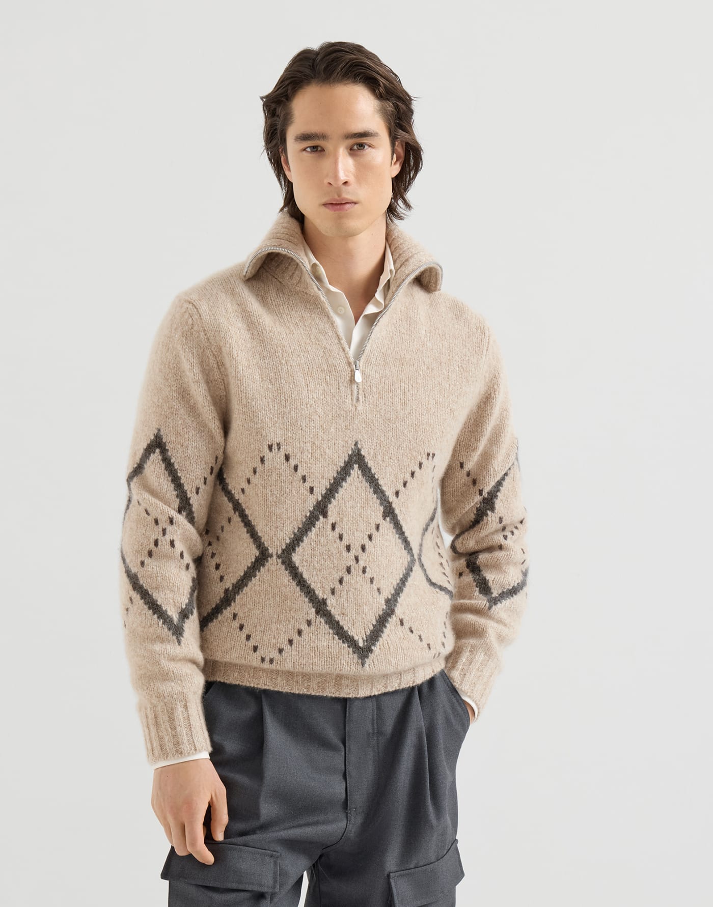 Cashmere sweater with half zip Light Brown Man - Brunello Cucinelli