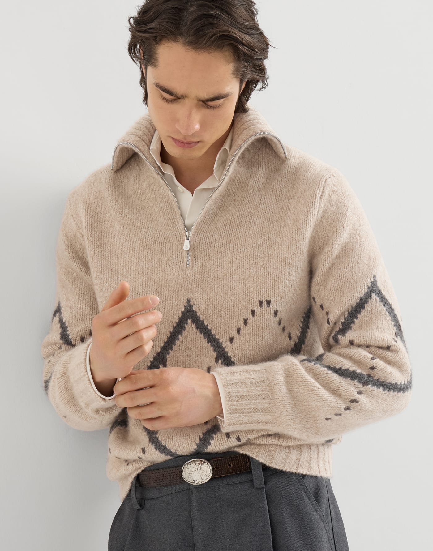 Cashmere sweater with half zip Light Brown Man - Brunello Cucinelli
