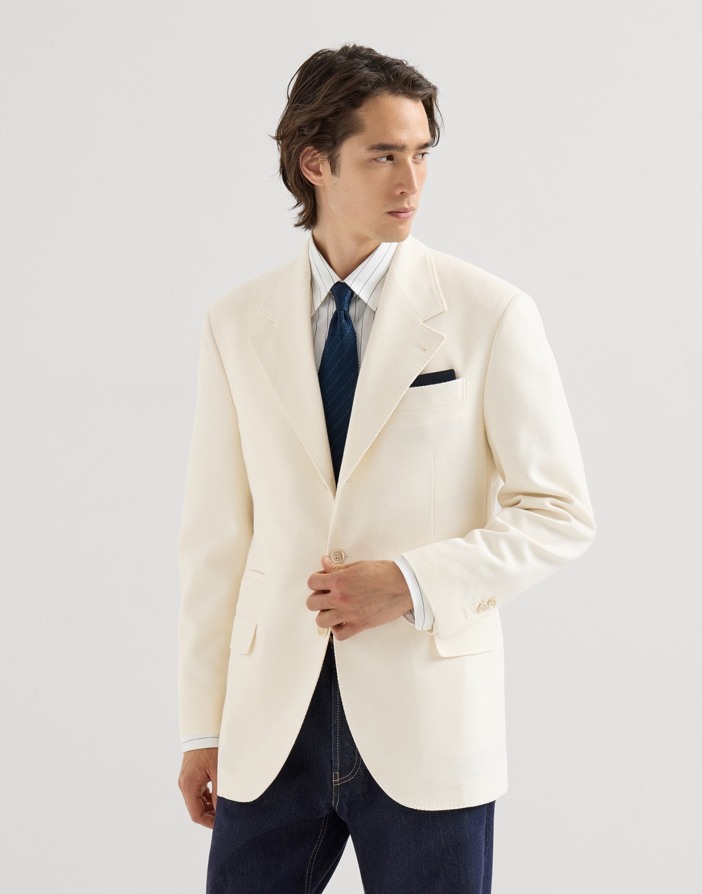 魚骨紋精裁外套 巴拿馬色 男士 - Brunello Cucinelli
