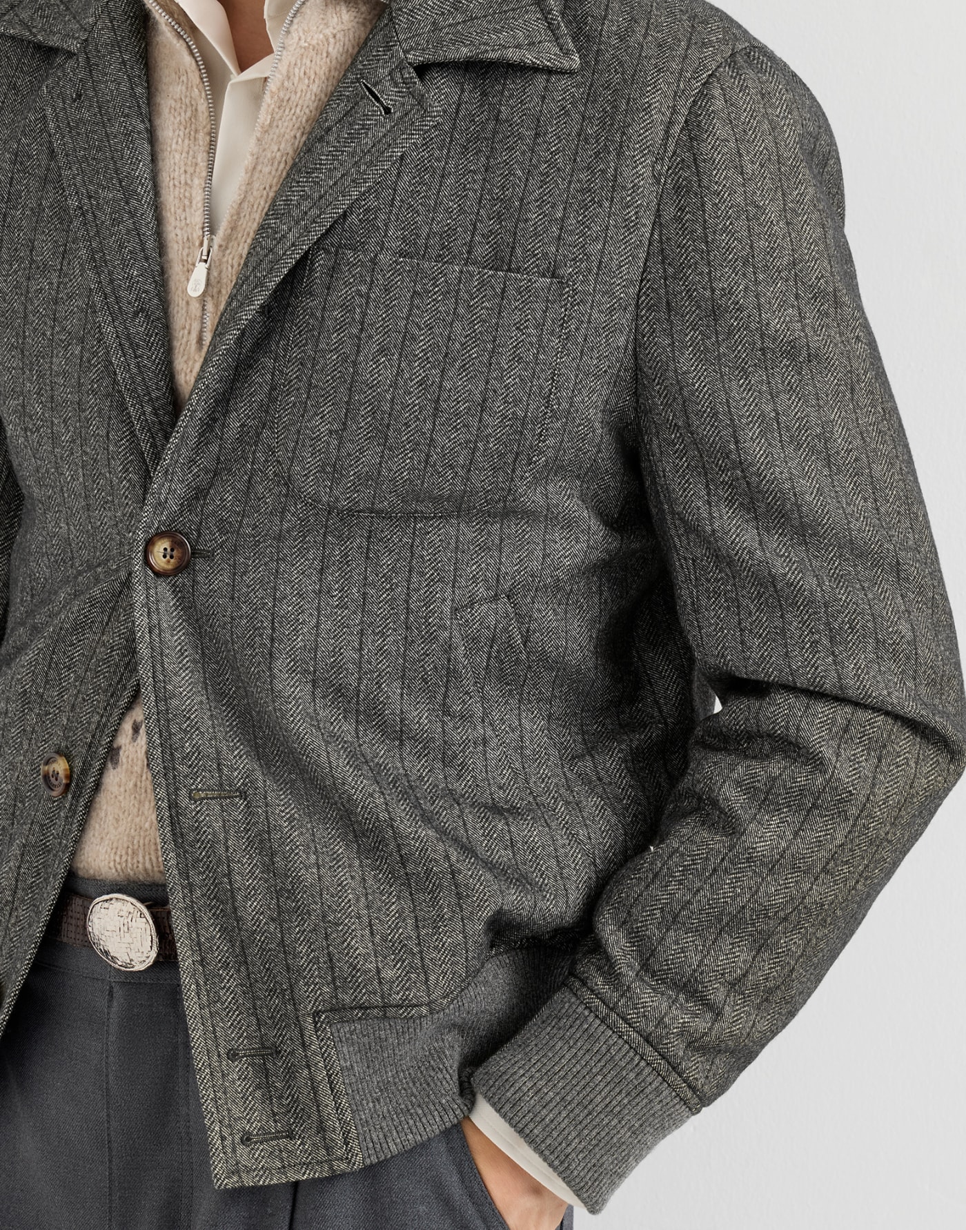 魚骨紋細條紋外套 炭灰色 男士 - Brunello Cucinelli