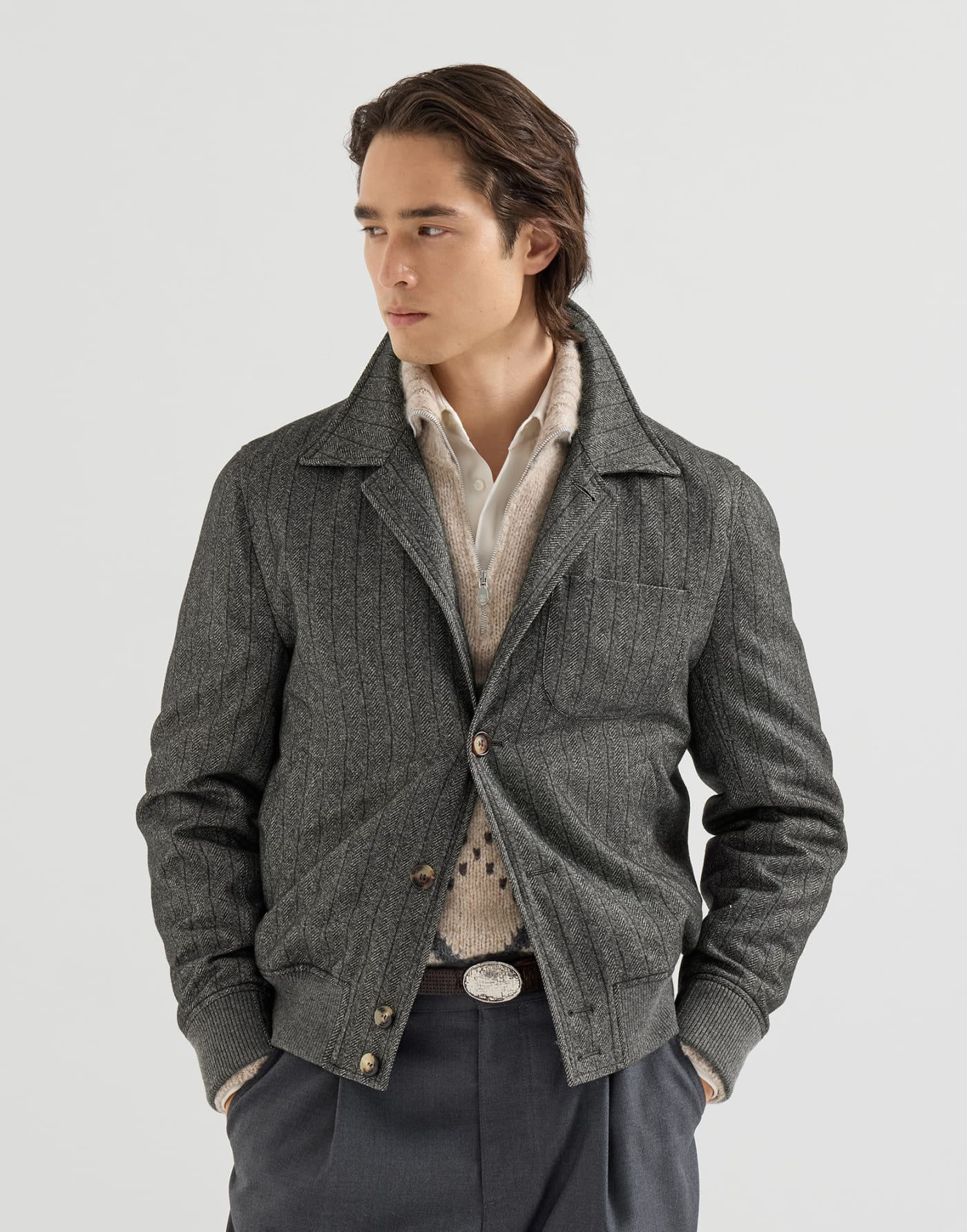 魚骨紋細條紋外套 炭灰色 男士 - Brunello Cucinelli