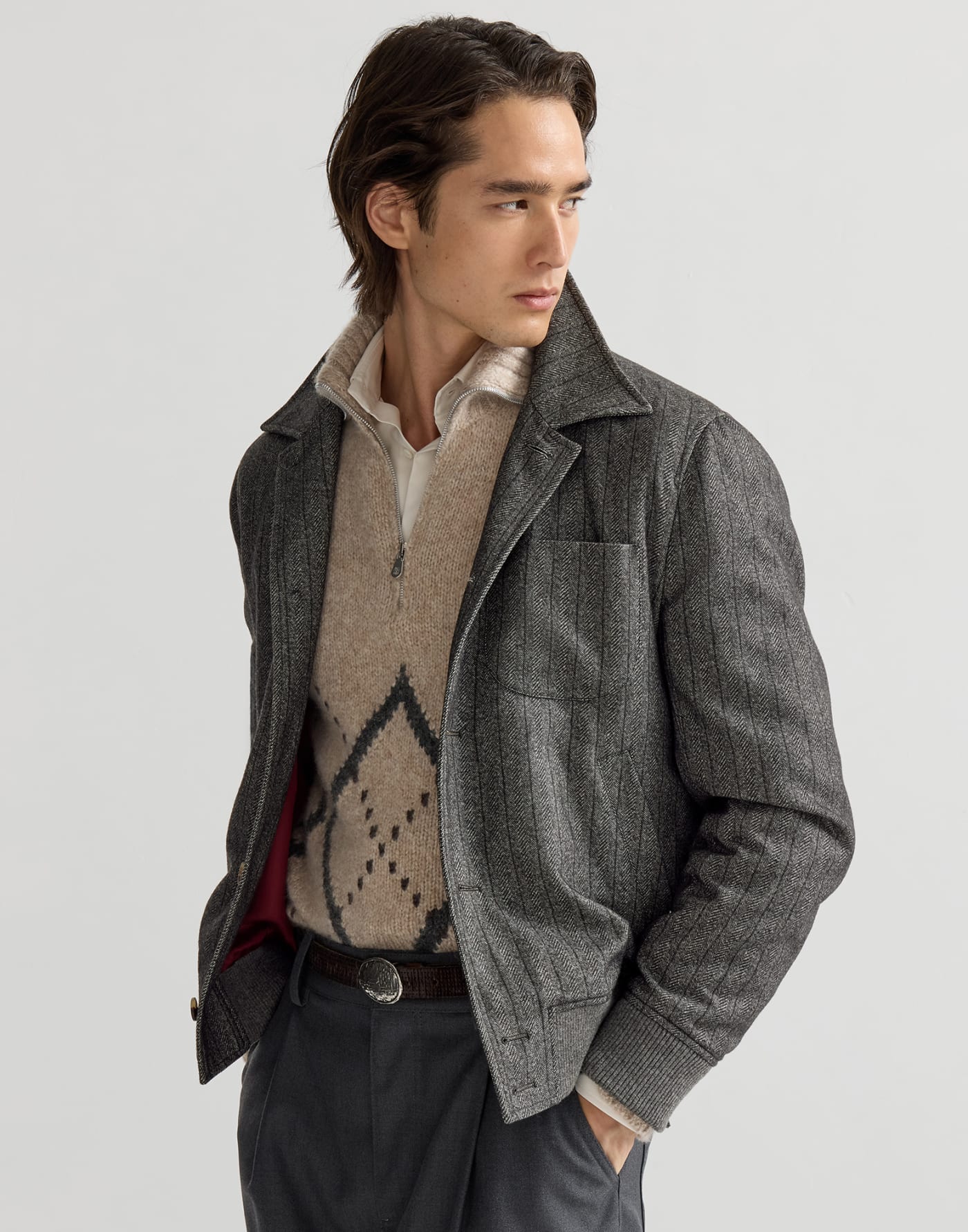 魚骨紋細條紋外套 炭灰色 男士 - Brunello Cucinelli