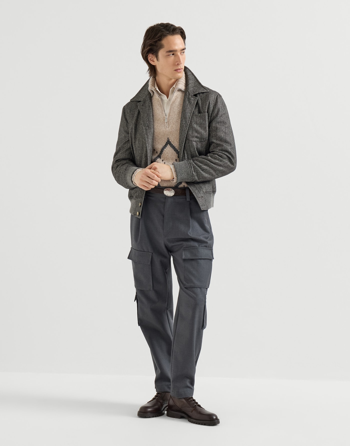 後染斜紋襯衫 巴拿馬色 男士 - Brunello Cucinelli