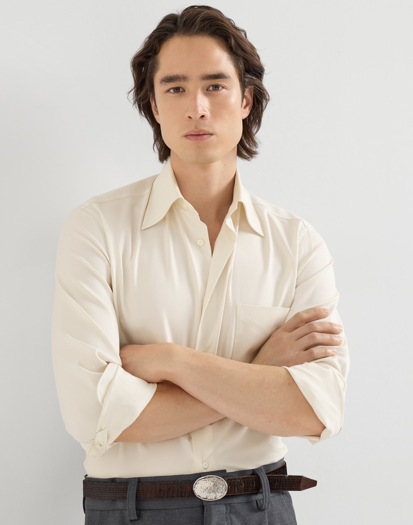 後染斜紋襯衫 巴拿馬色 男士 - Brunello Cucinelli