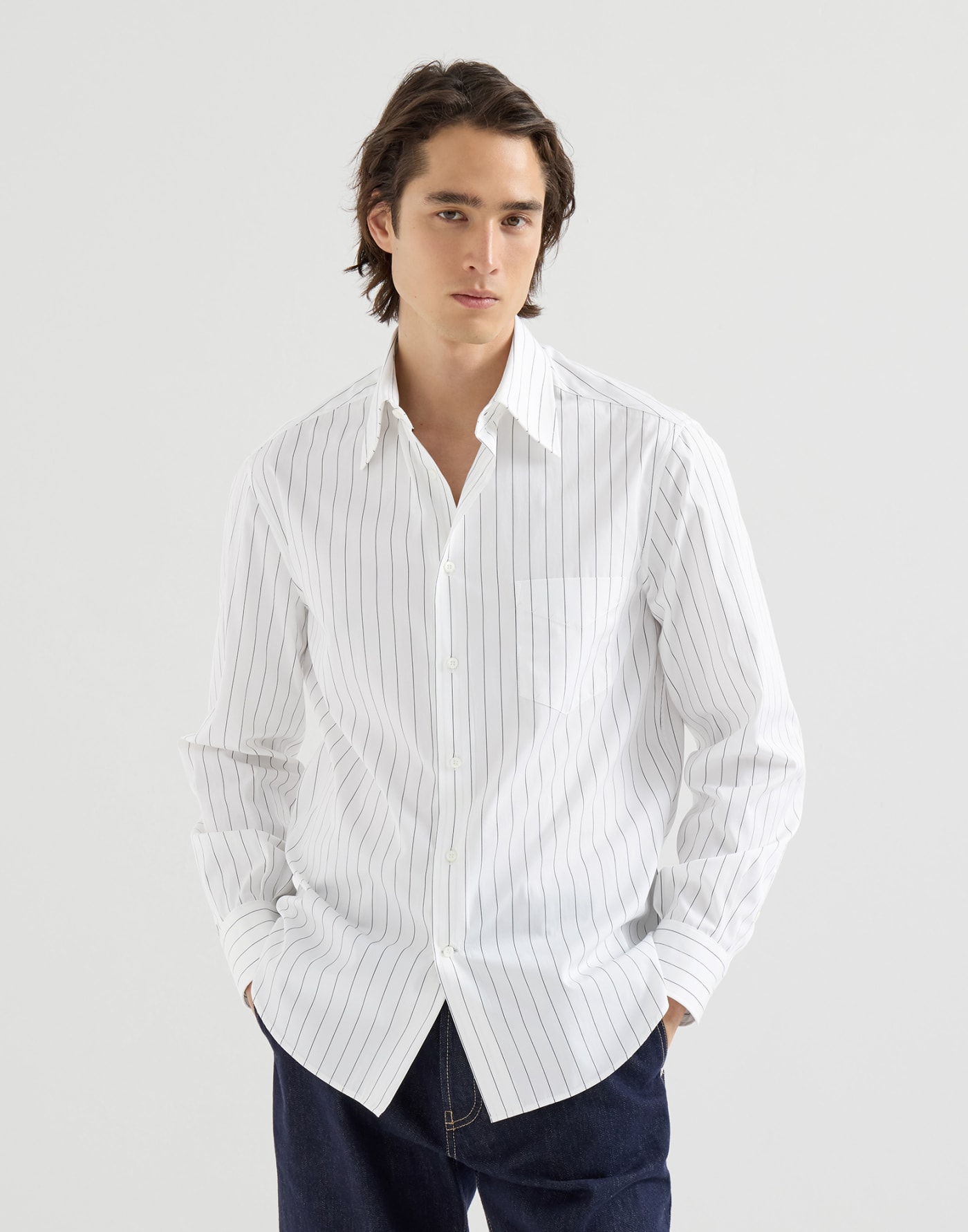 細條紋府綢襯衫 白色 男士 - Brunello Cucinelli