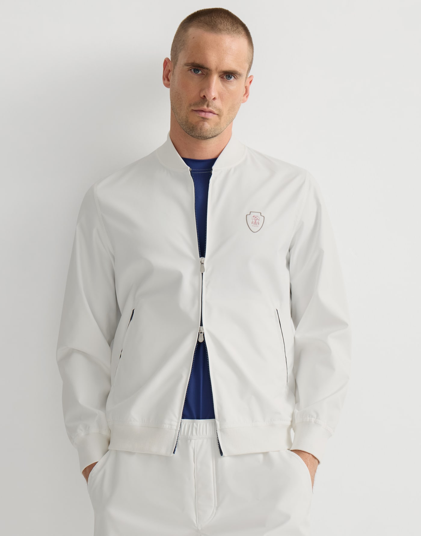 Nylon sweatshirt with logo and zipper White Man - Brunello Cucinelli