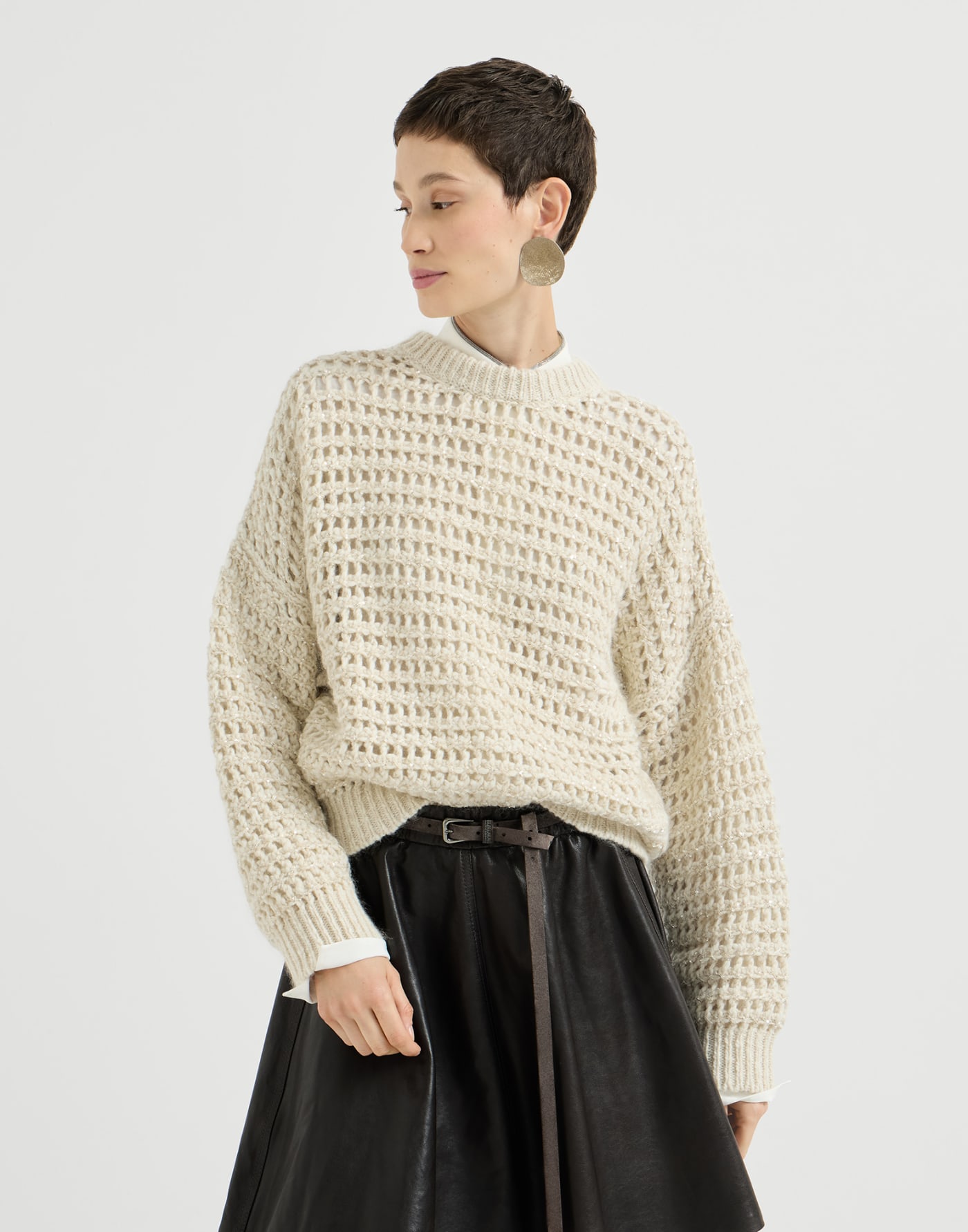 Dazzling net sweater Cream Woman - Brunello Cucinelli
