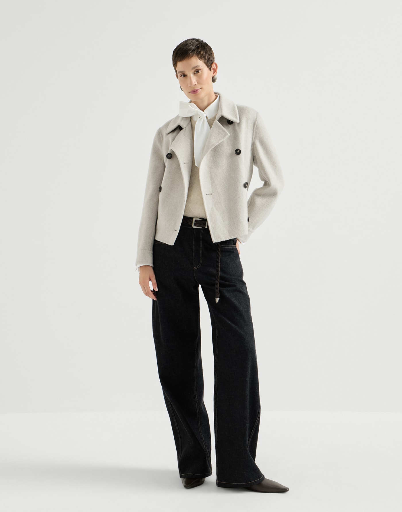 Crop caban jacket with monili Grey Woman - Brunello Cucinelli