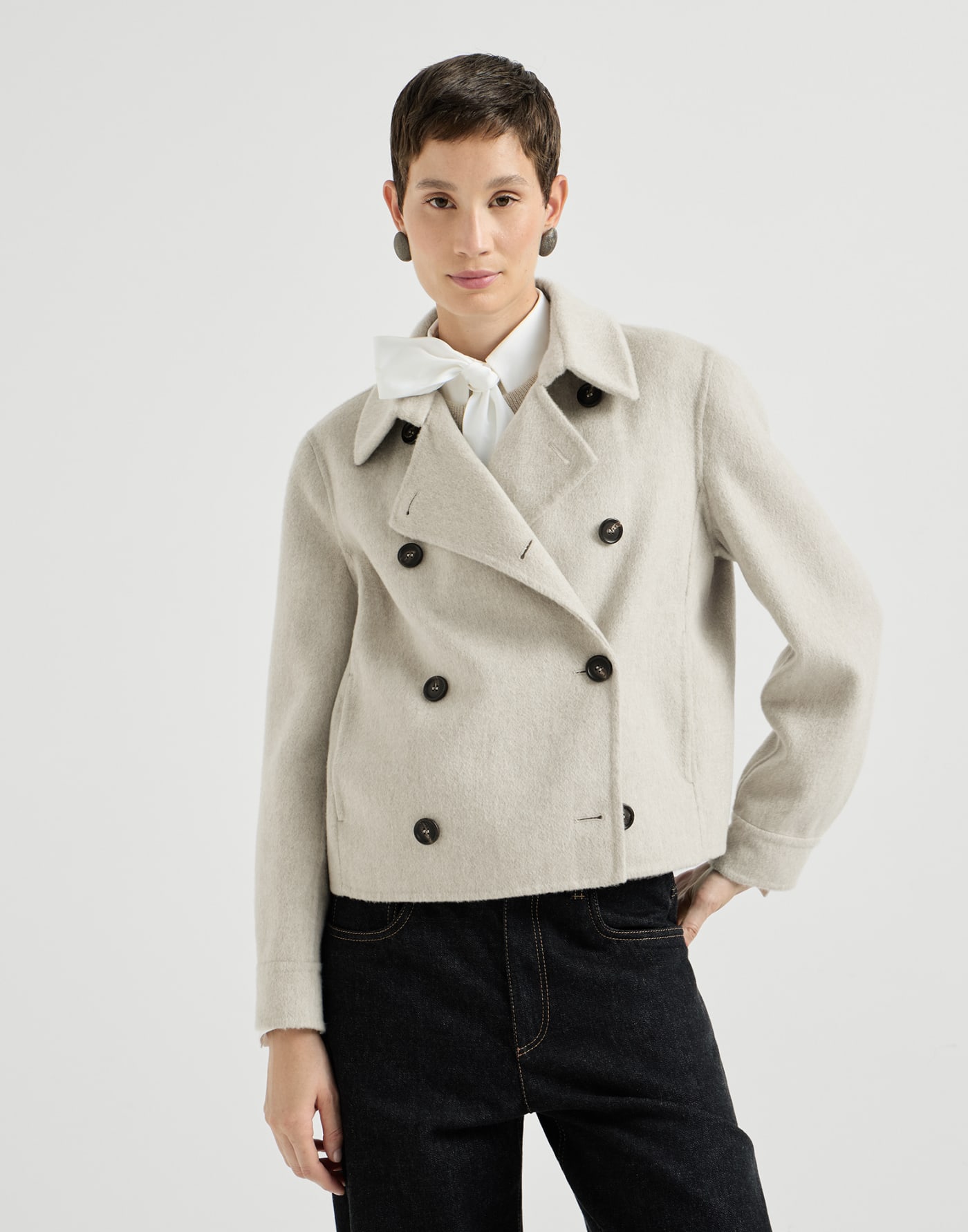 Crop caban jacket with monili Grey Woman - Brunello Cucinelli