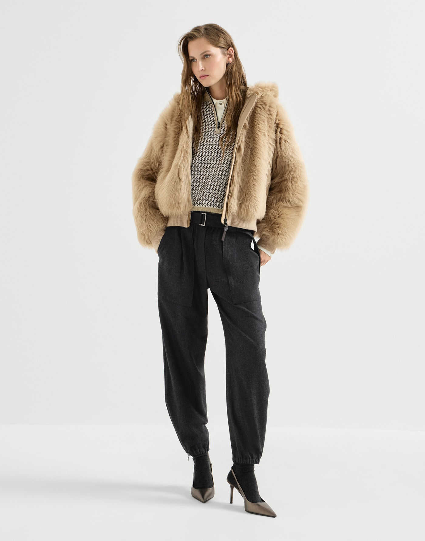 Sparkling houndstooth half-zip sweater Light Brown Woman - Brunello Cucinelli
