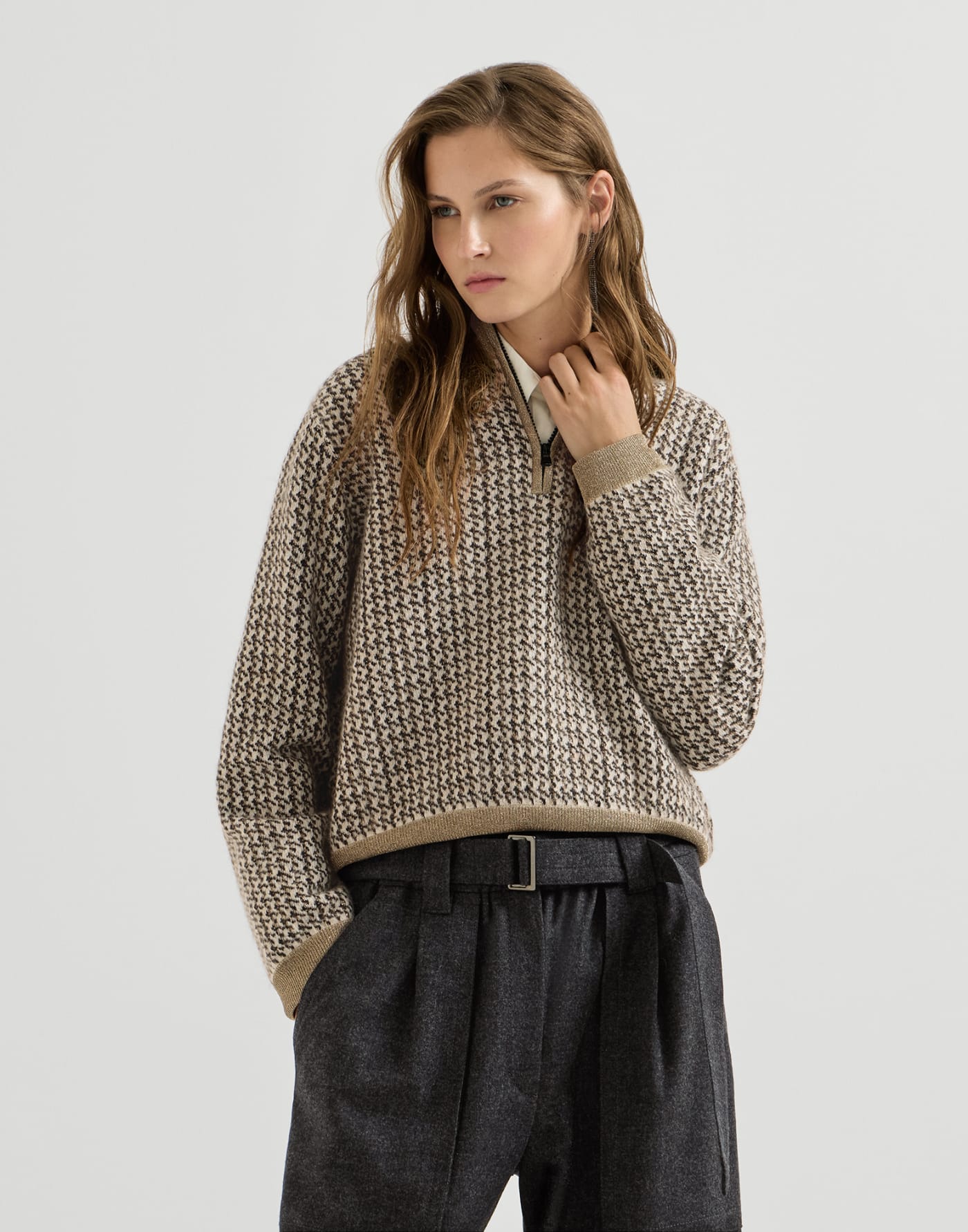 Sparkling houndstooth half-zip sweater Light Brown Woman - Brunello Cucinelli