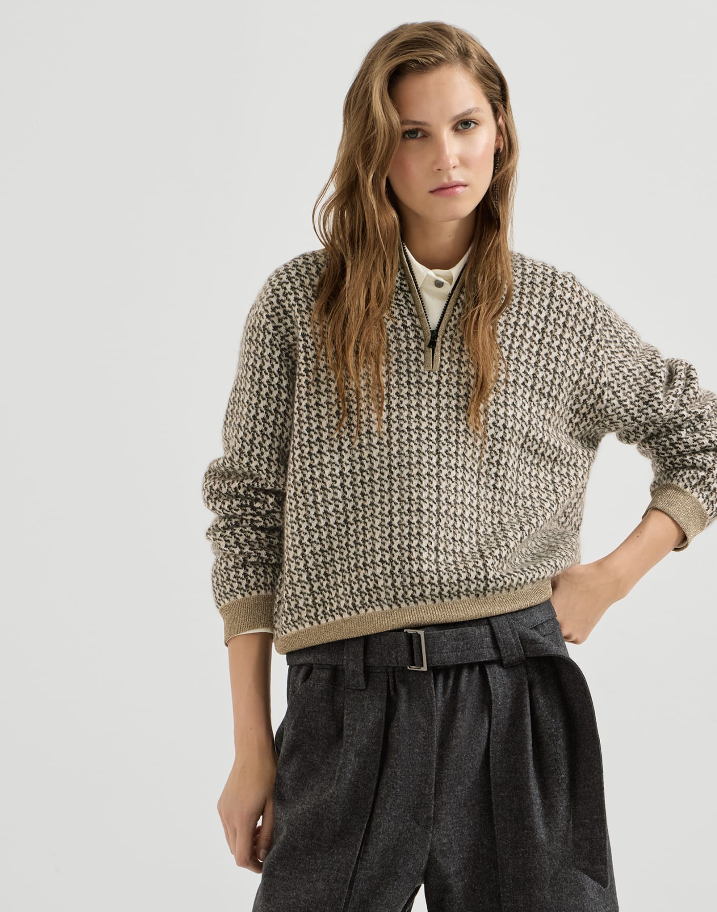 Sparkling houndstooth half-zip sweater Light Brown Woman - Brunello Cucinelli
