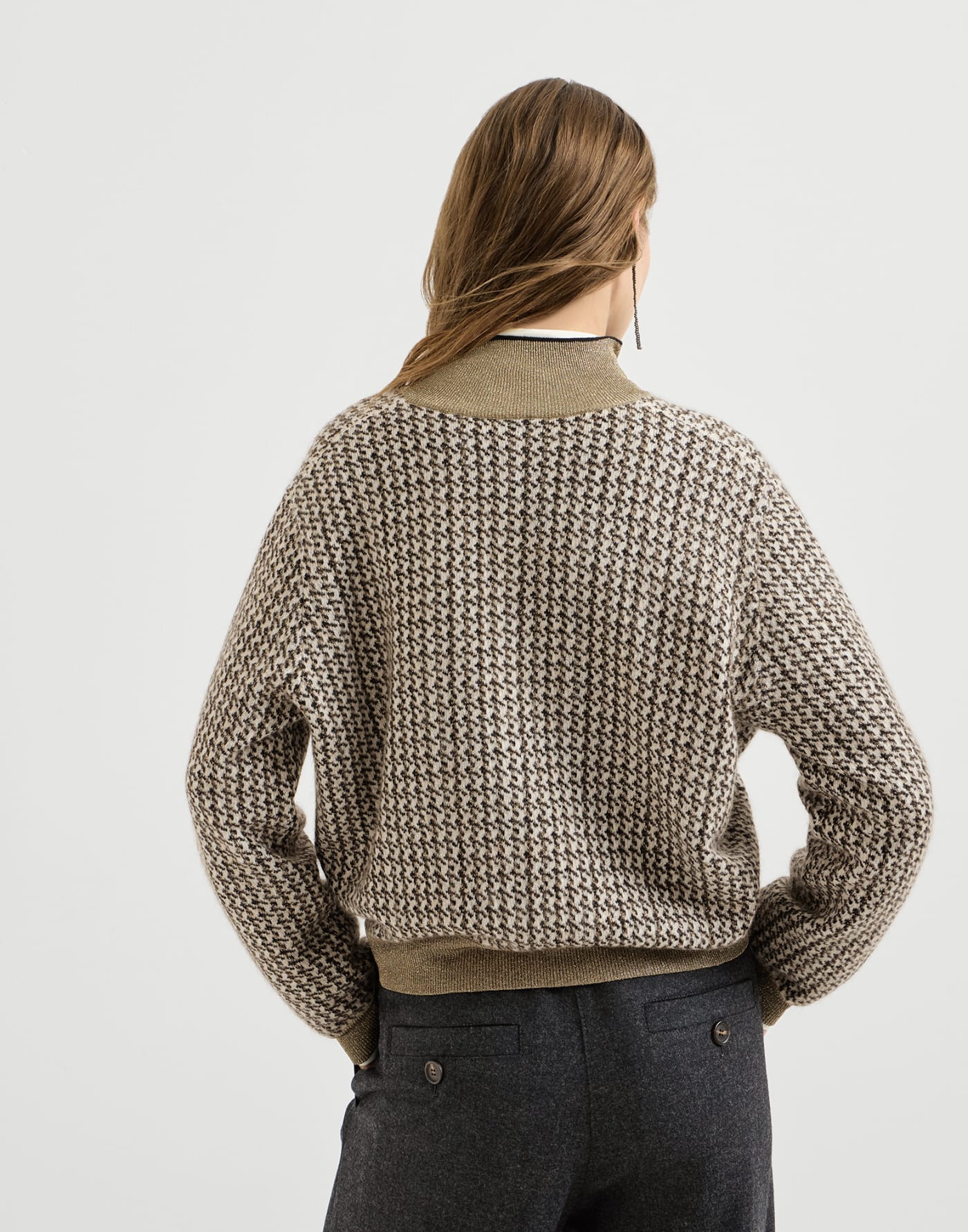 Sparkling houndstooth half-zip sweater Light Brown Woman - Brunello Cucinelli