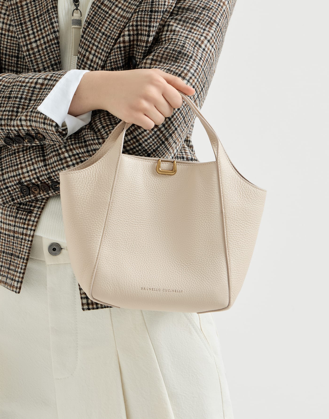 Leather sartorial small bucket bag Ivory Woman - Brunello Cucinelli