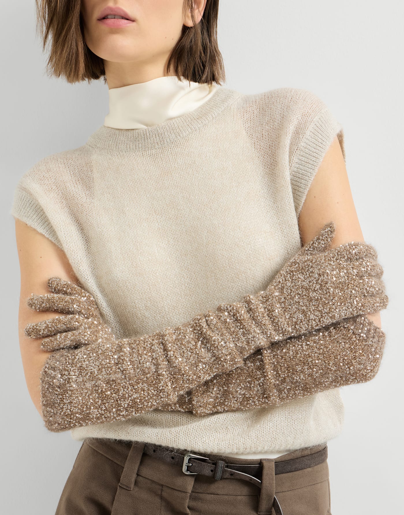 Mohair and wool dazzling texture gloves Light Brown Woman - Brunello Cucinelli