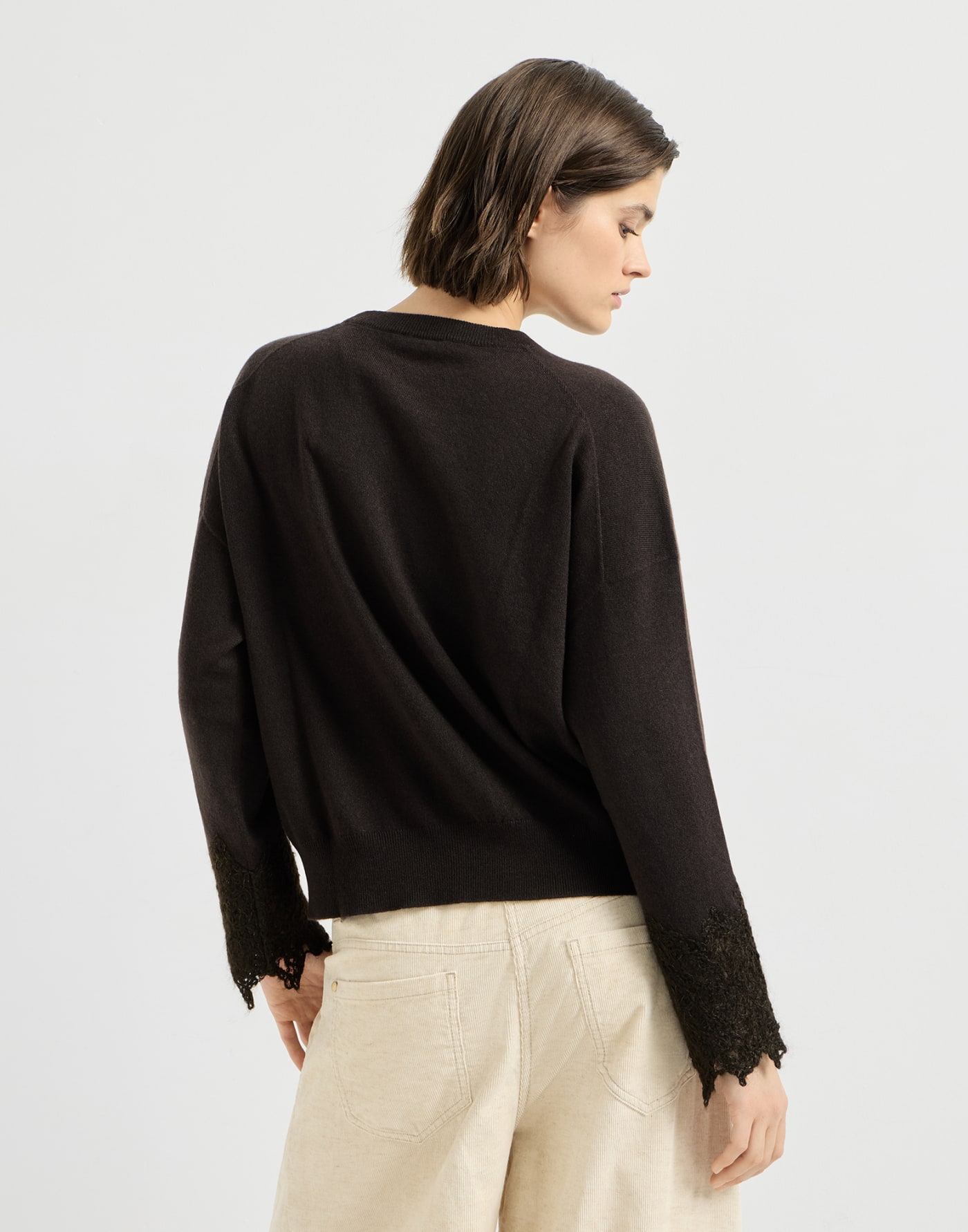 Sweater with wispy lace cuffs Coffee Woman - Brunello Cucinelli
