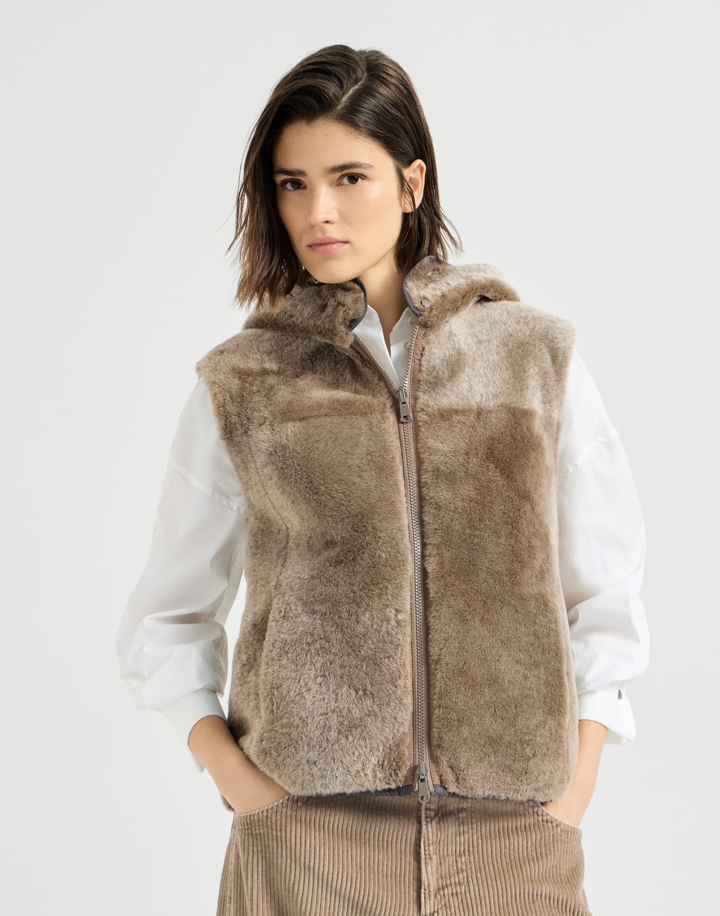 Shearling reversible vest Light Brown Woman - Brunello Cucinelli