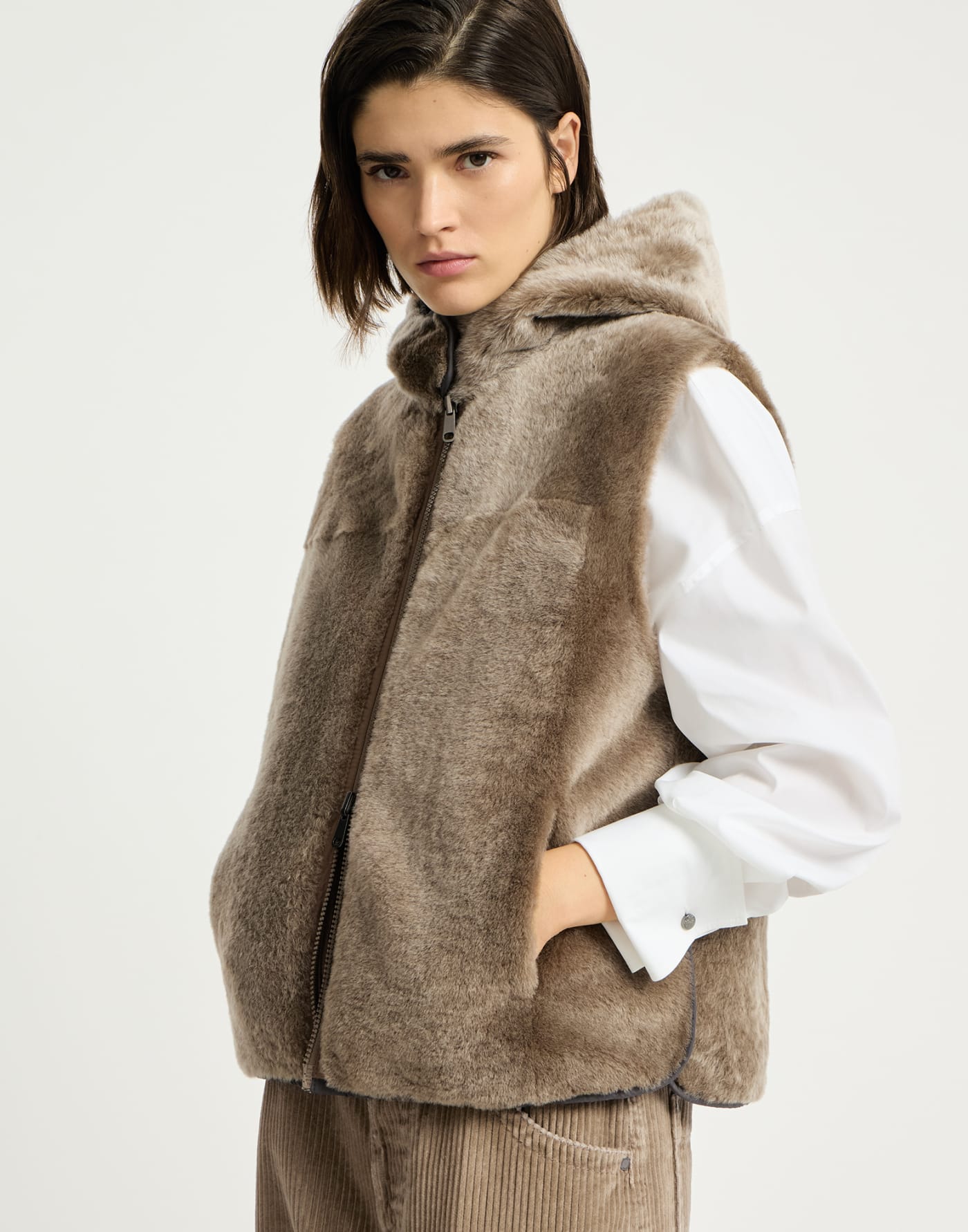 Shearling reversible vest Light Brown Woman - Brunello Cucinelli