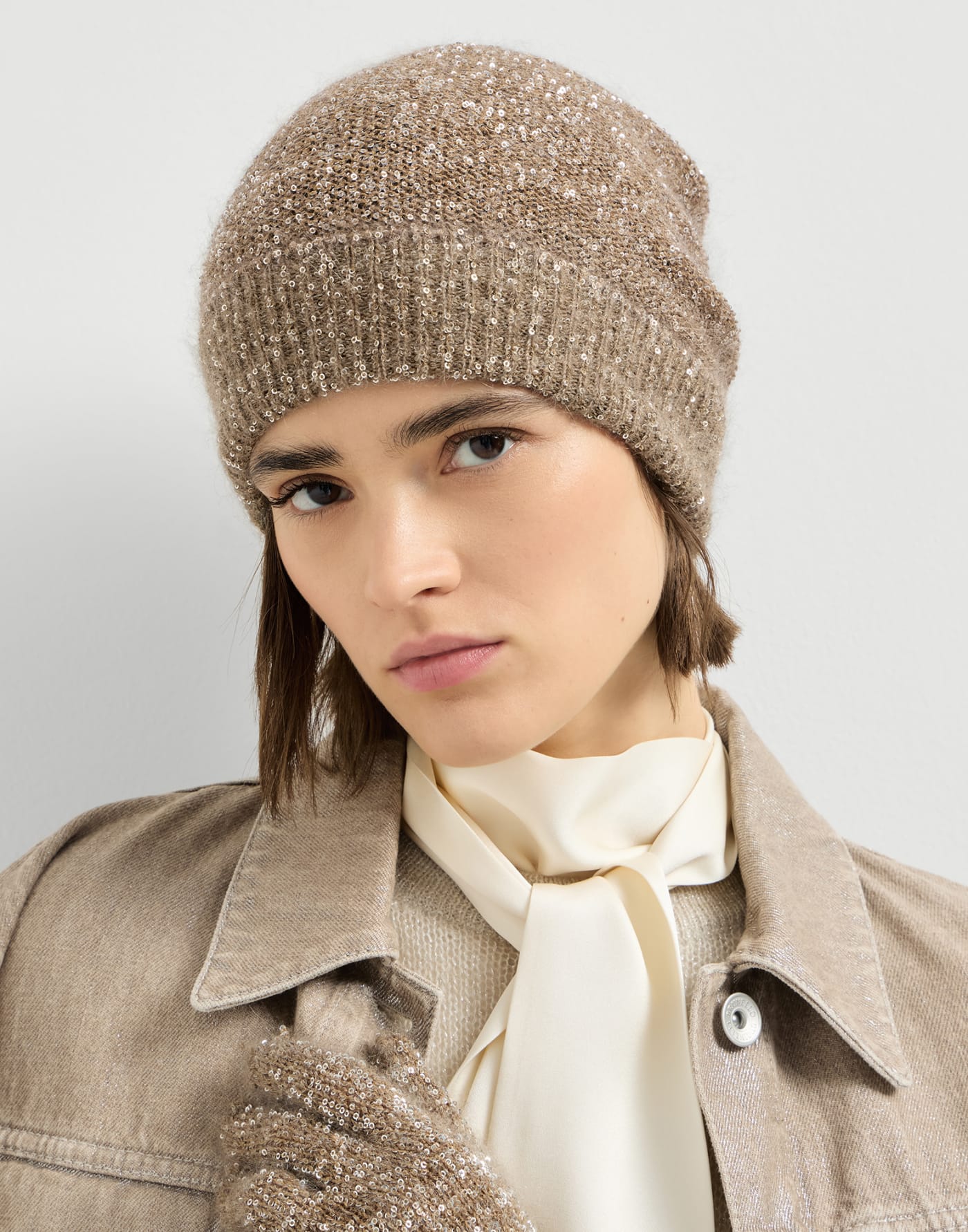 Mohair and wool dazzling texture beanie for Woman in Light Brown ...