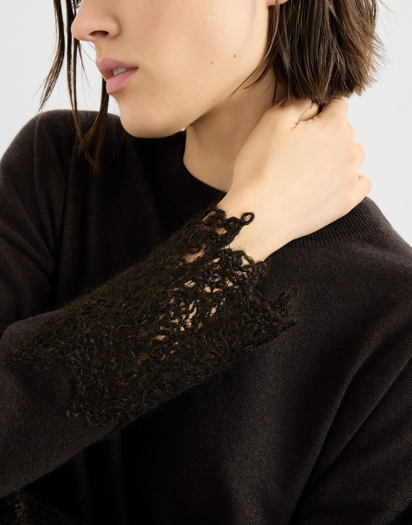 Sweater with wispy lace cuffs Coffee Woman - Brunello Cucinelli