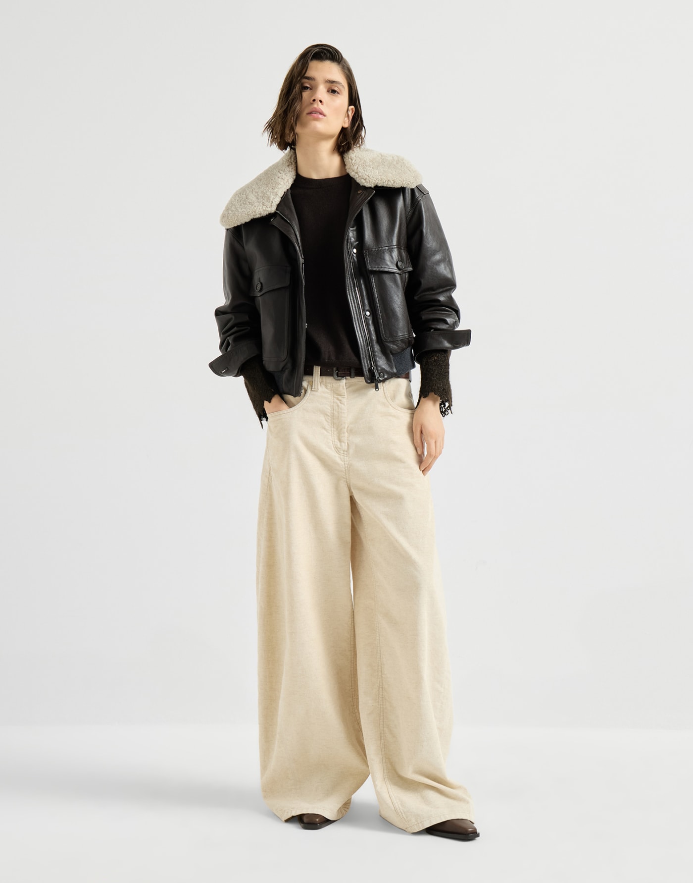Sweater with wispy lace cuffs Coffee Woman - Brunello Cucinelli