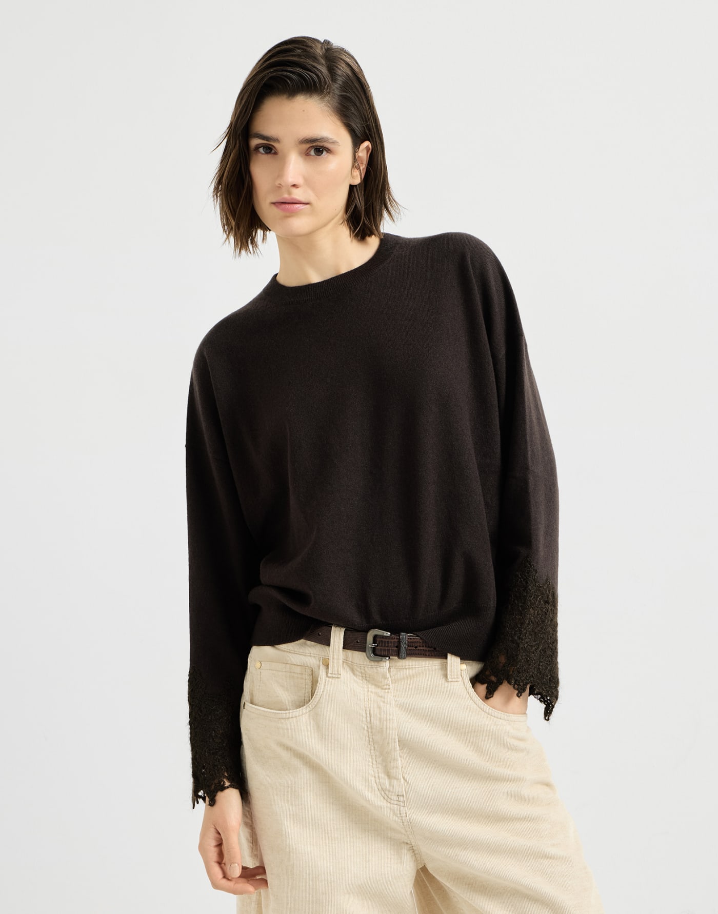 Sweater with wispy lace cuffs Coffee Woman - Brunello Cucinelli
