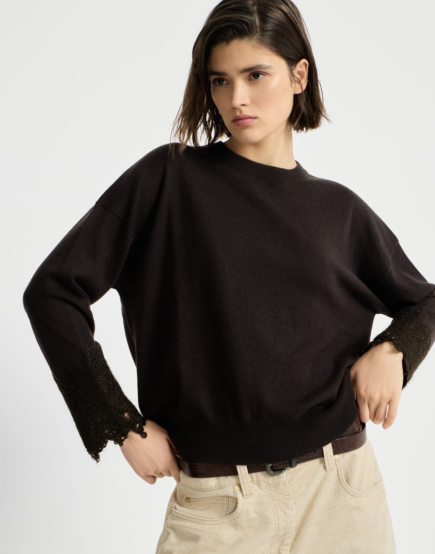 Sweater with wispy lace cuffs Coffee Woman - Brunello Cucinelli