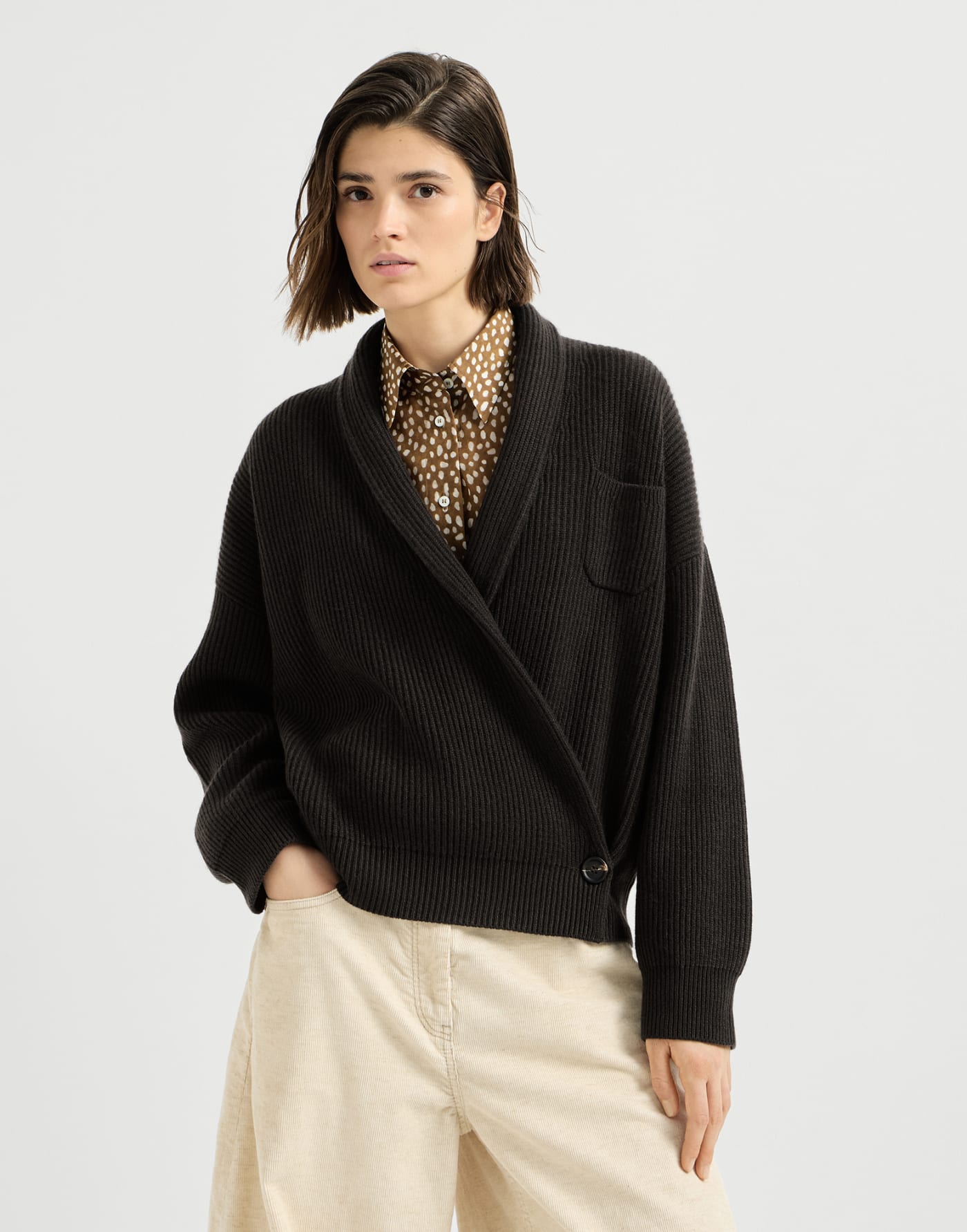 English rib cashmere cardigan Coffee Woman - Brunello Cucinelli