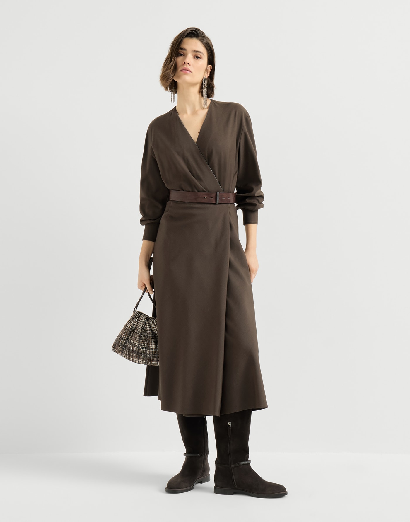 Twill belted dress Pine Cone Brown Woman - Brunello Cucinelli